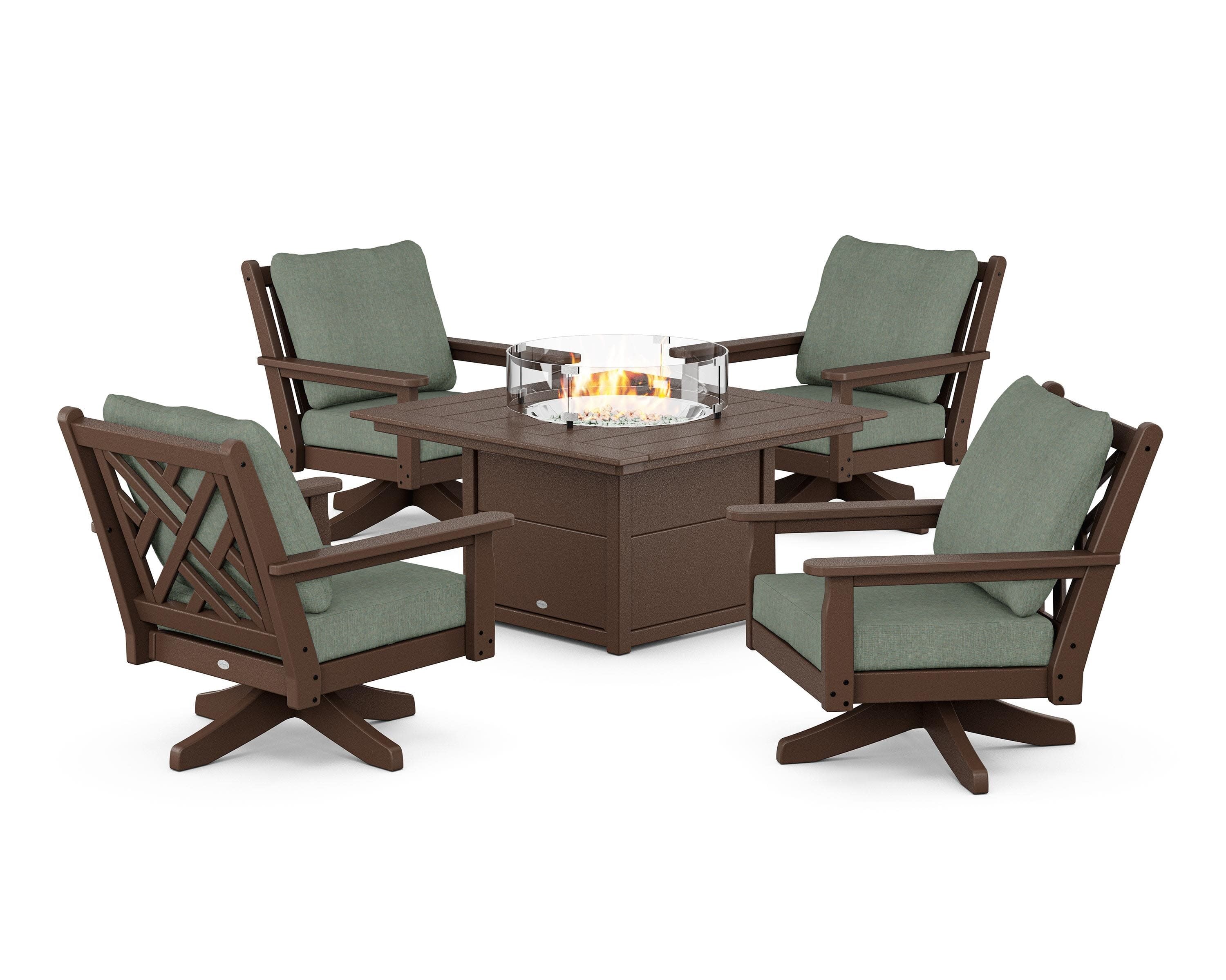 Chippendale 5-Piece Deep Seating Swivel Conversation Set with Fire Pit Table in Mahogany / Cast Sage