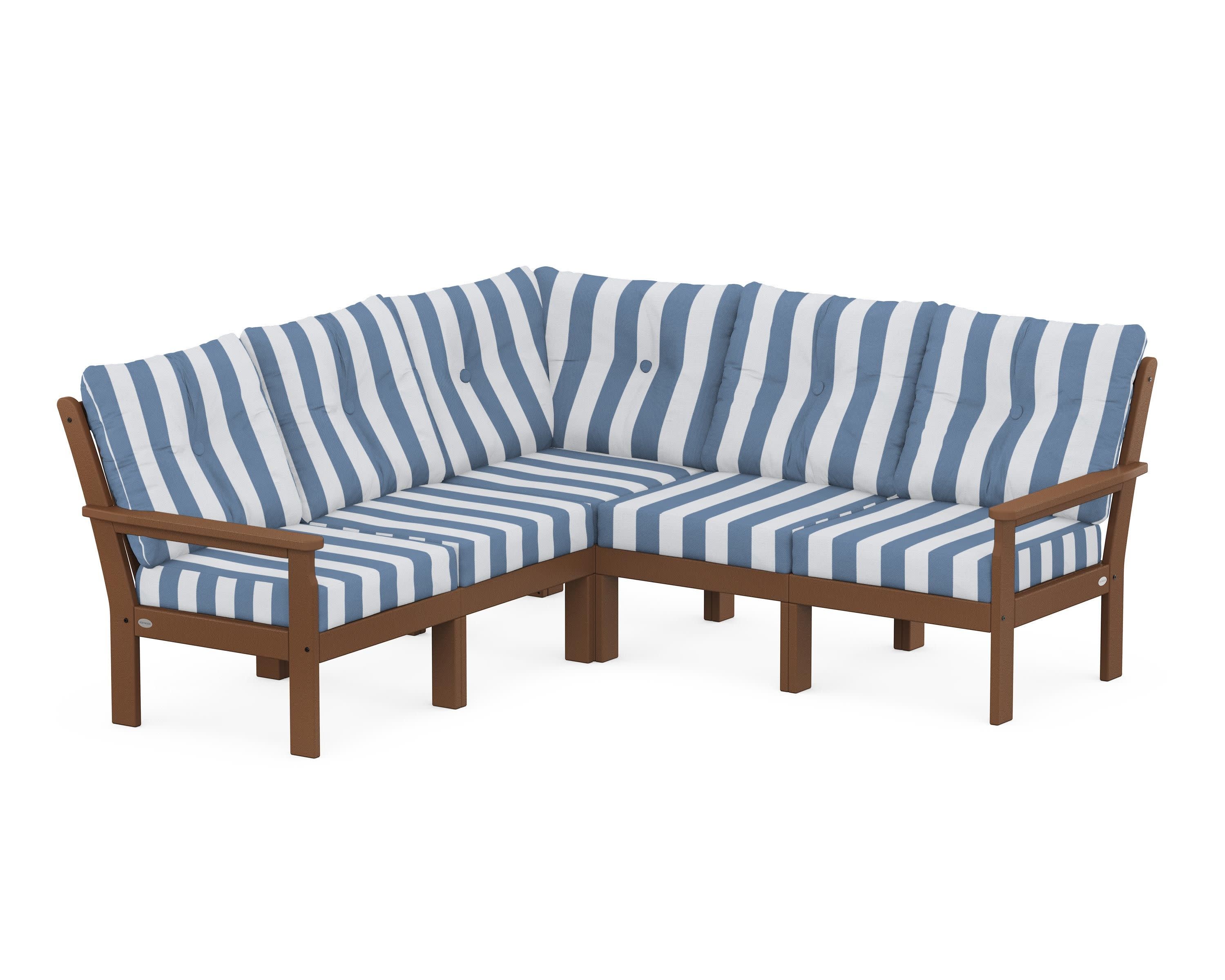 Vineyard 5-Piece Sectional in Teak / Cabana Stripe Sky Blue