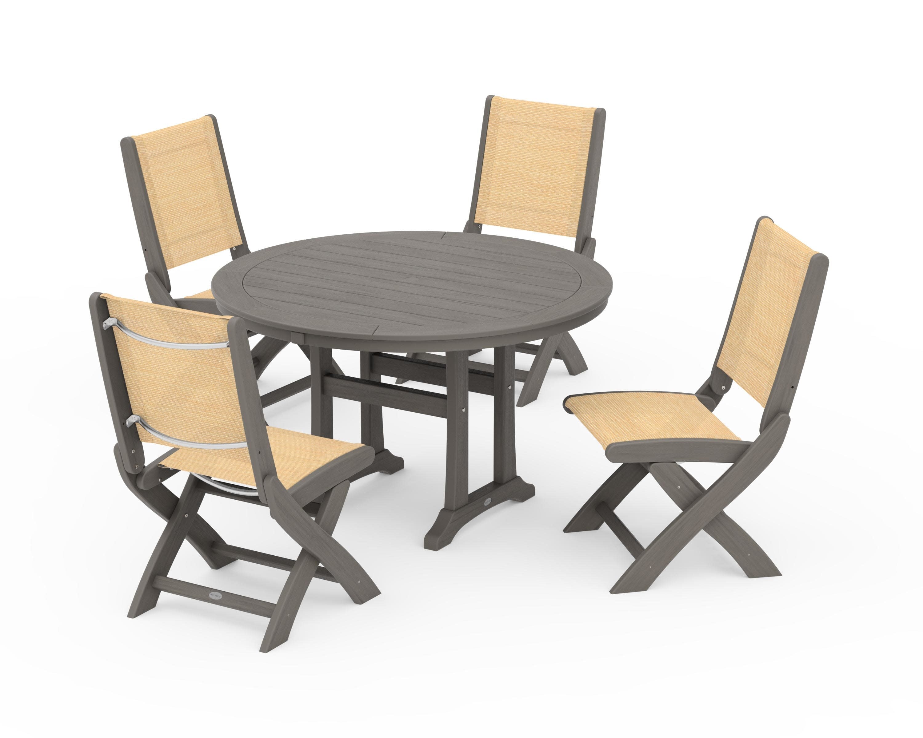 Coastal Folding Side Chair 5-Piece Round Dining Set With Trestle Legs in Driftwood / Dupioni Apricot Sling