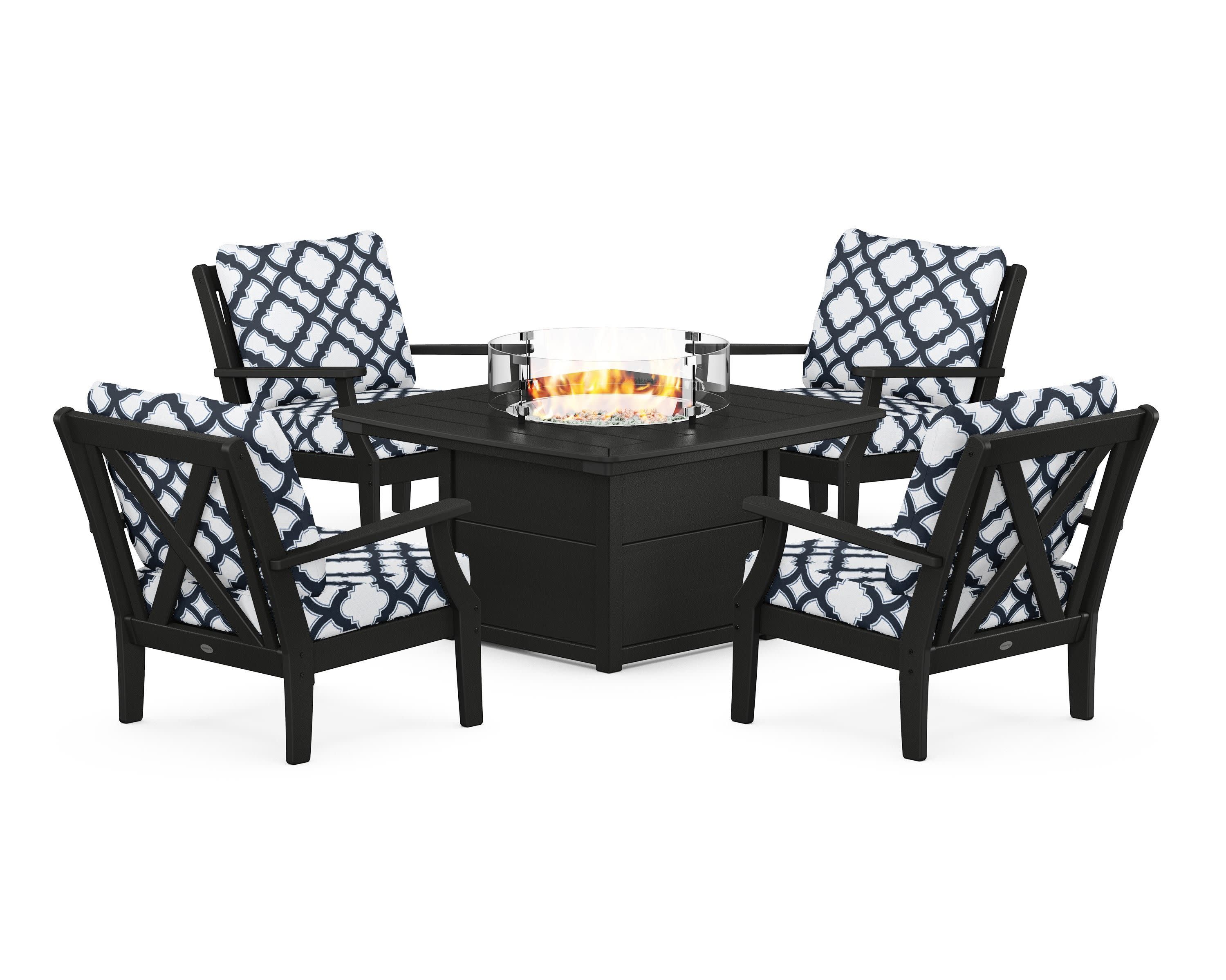 Braxton 5-Piece Deep Seating Conversation Set with Fire Pit Table in Black / Trellis Marine Indigo