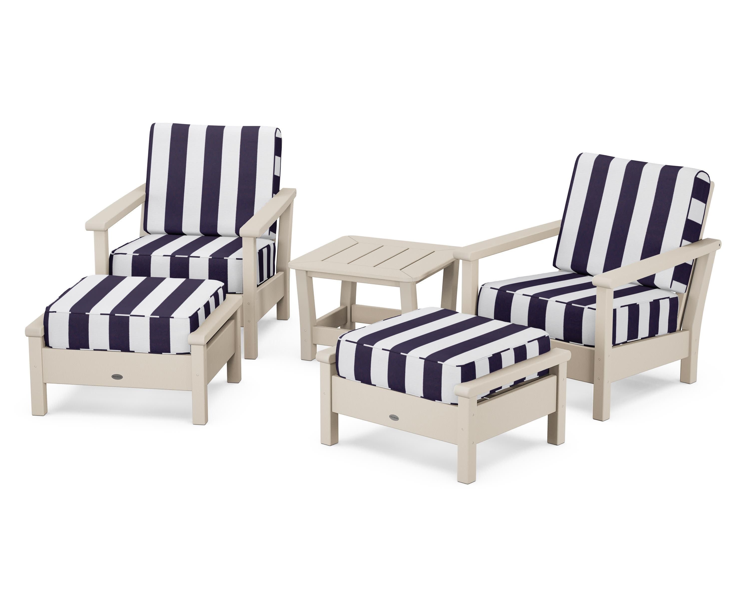 Harbour 5-Piece Deep Seating Chair Set in Sand / Cabana Stripe Navy