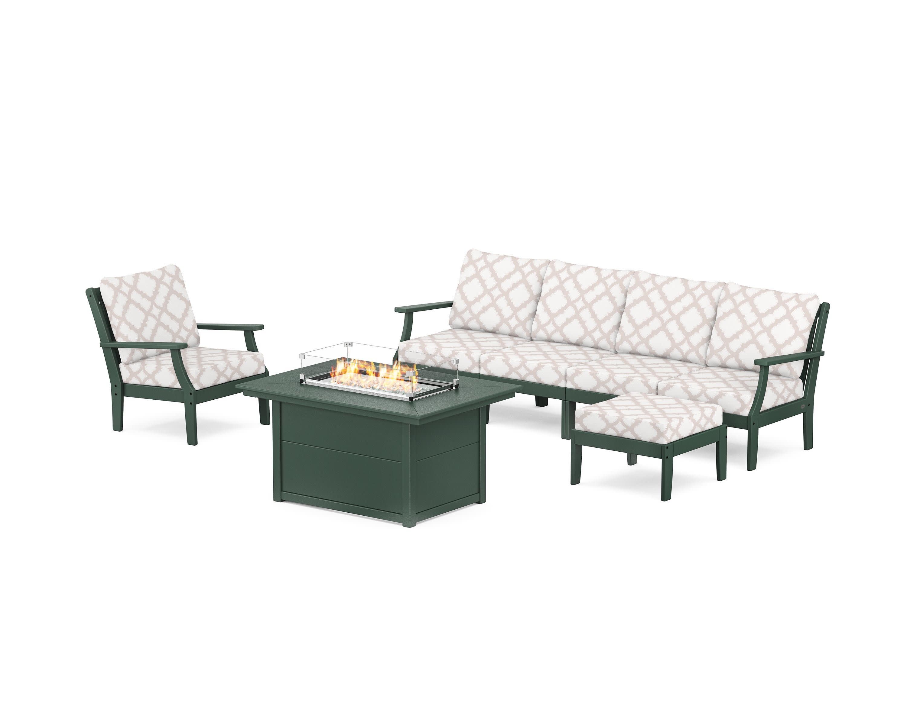Braxton Sectional Lounge and Fire Pit Set in Green / Trellis Dune Burlap