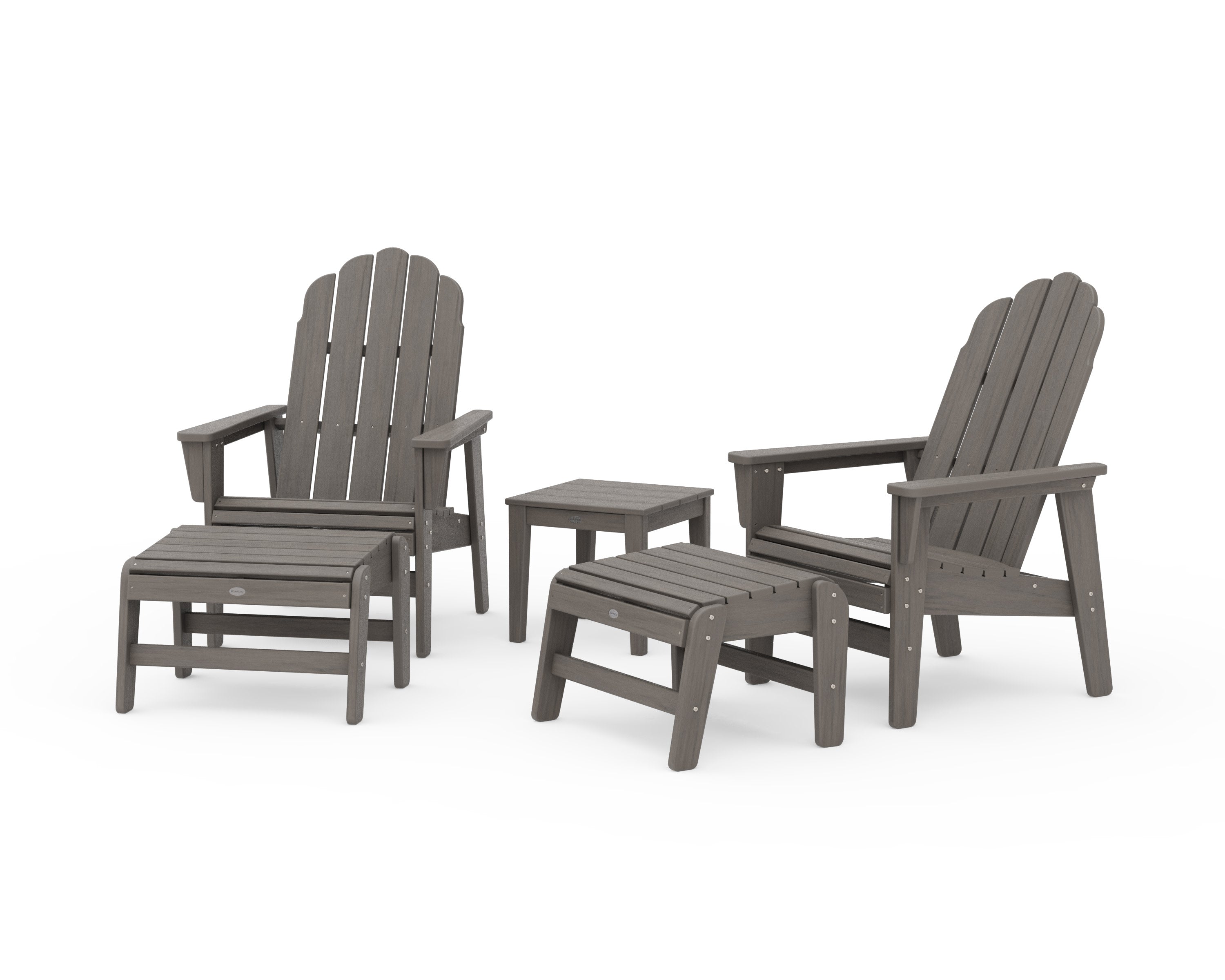 5-Piece Vineyard Grand Upright Adirondack Set with Ottomans and Side Table in Driftwood