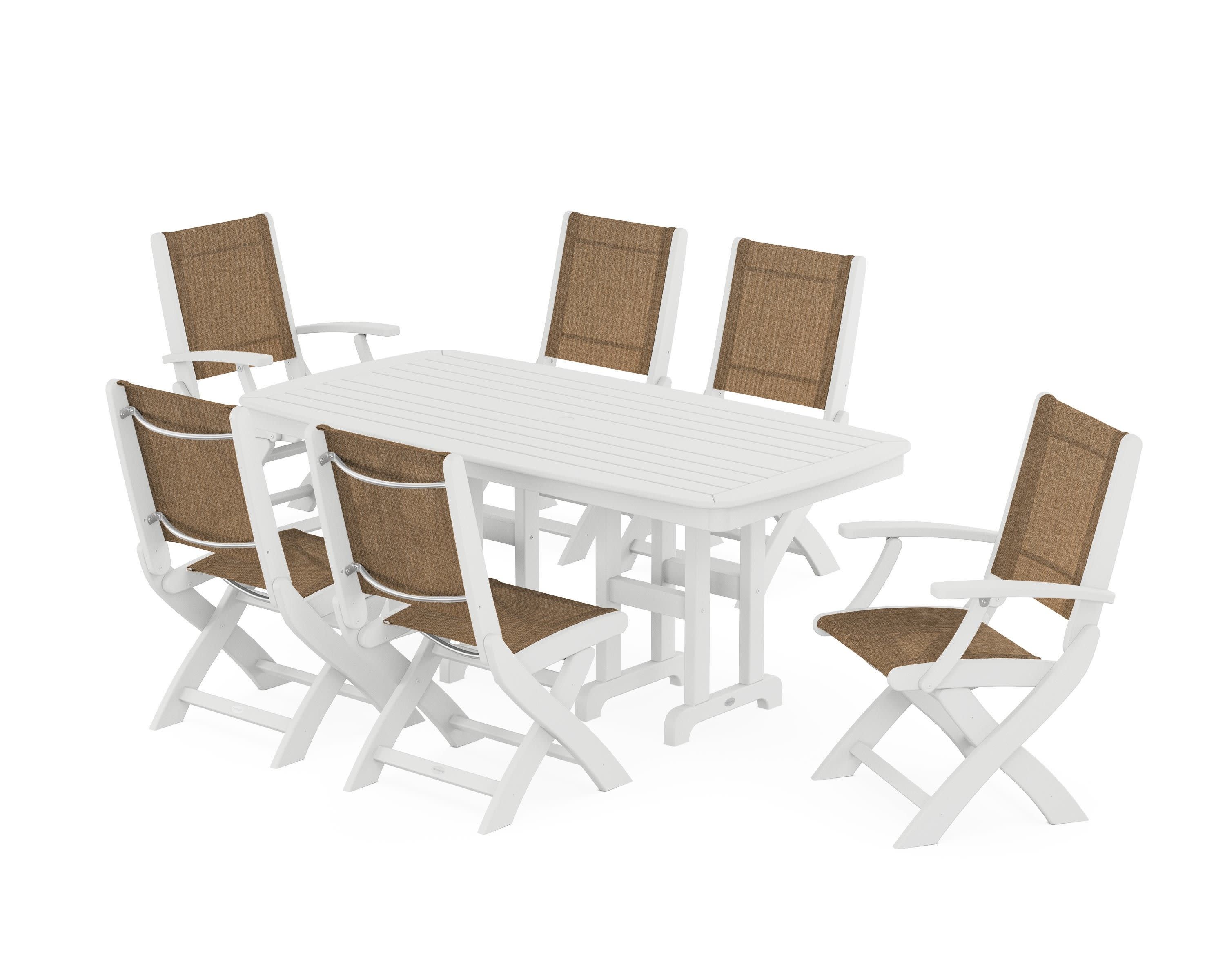 Coastal Folding Chair 7-Piece Dining Set in White / Burlap Sling