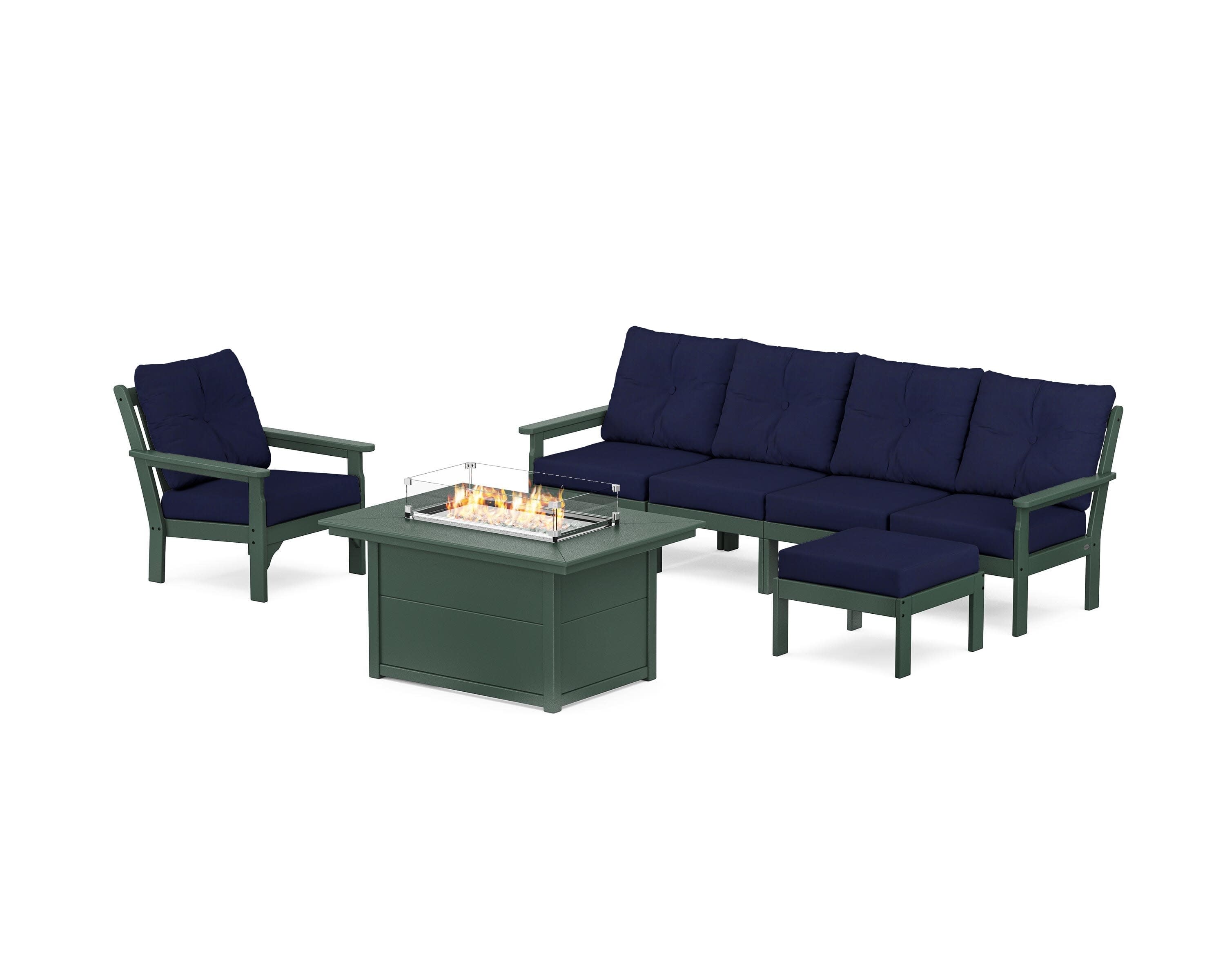Vineyard Sectional Lounge and Fire Pit Set in Green / Navy