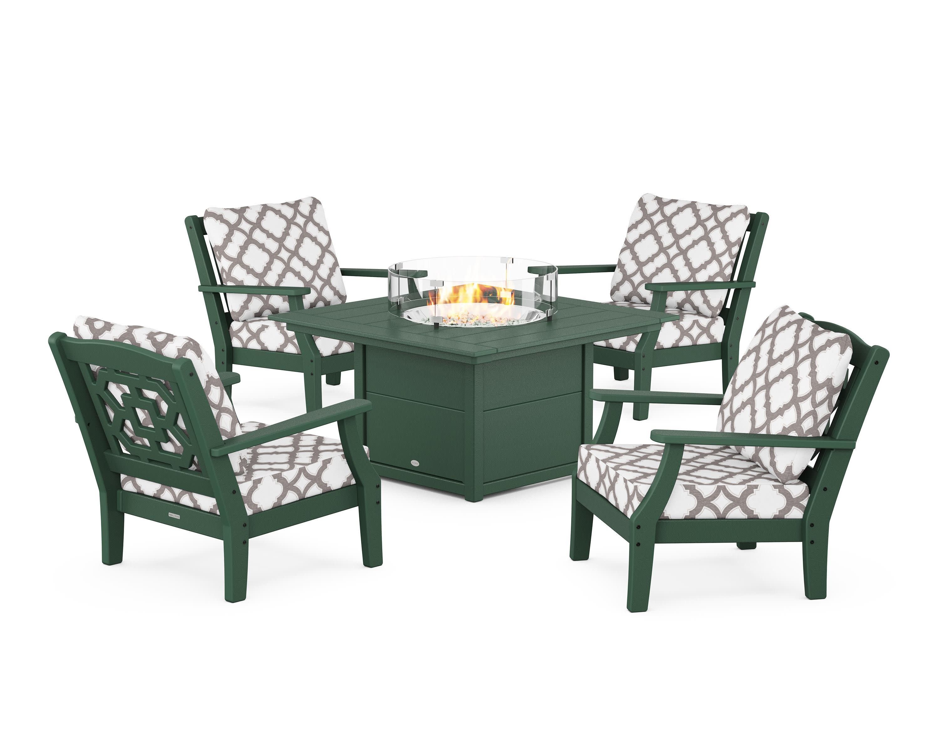 Chinoiserie 5-Piece Deep Seating Set with Fire Pit Table in Green / Trellis Grey Mist