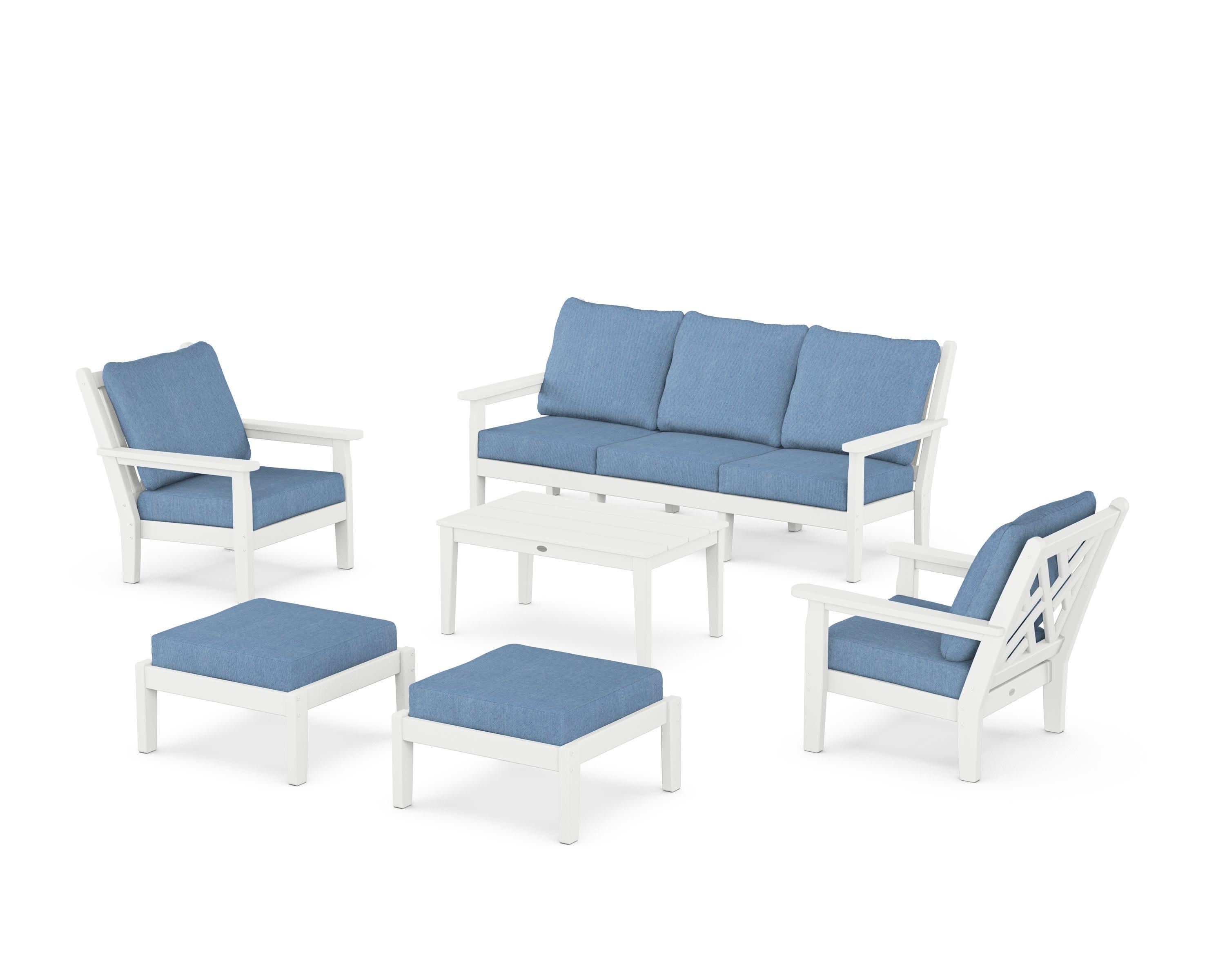 Chippendale 6-Piece Lounge Sofa Set in White / Sky Blue