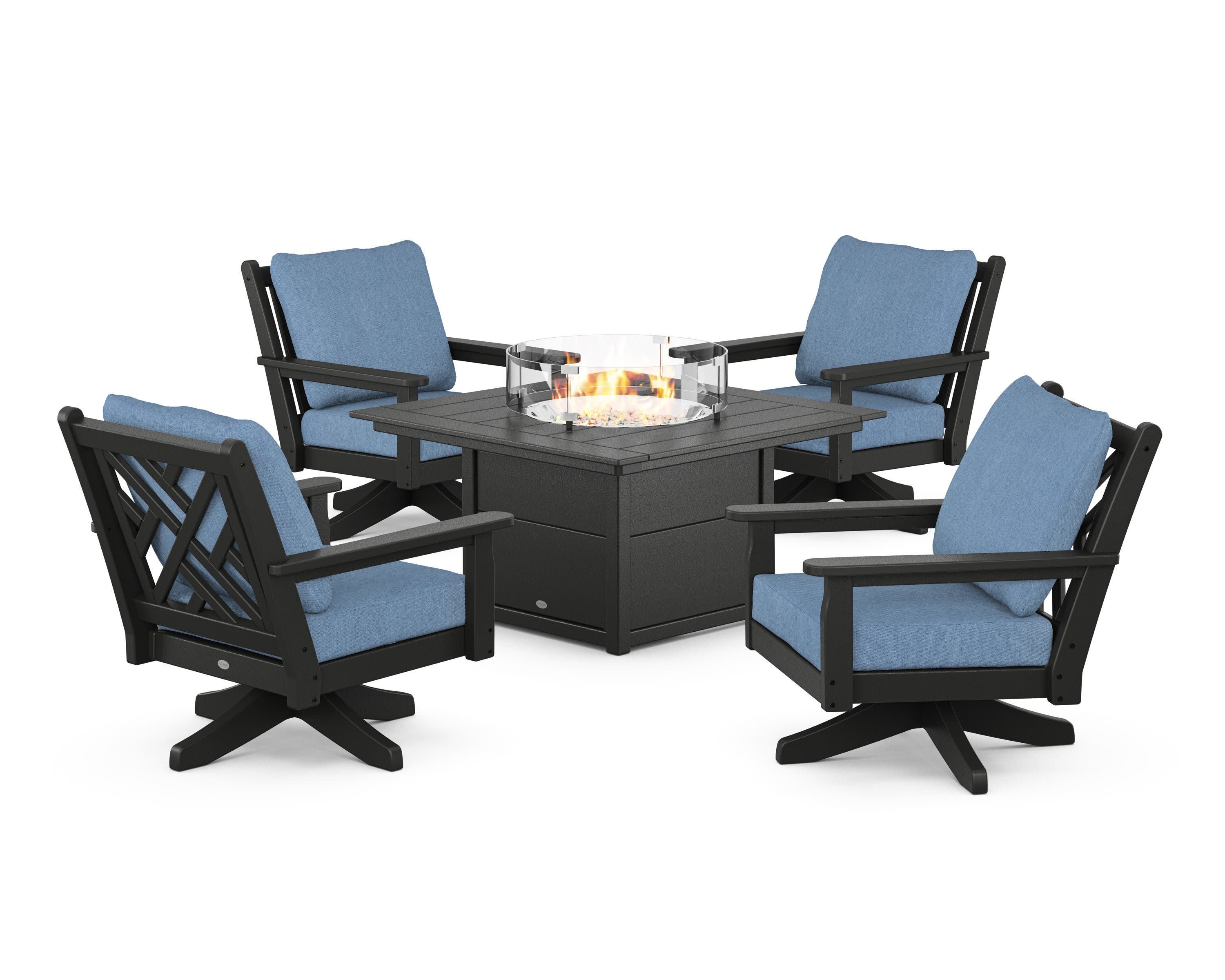 Chippendale 5-Piece Deep Seating Swivel Conversation Set with Fire Pit Table in Black / Sky Blue