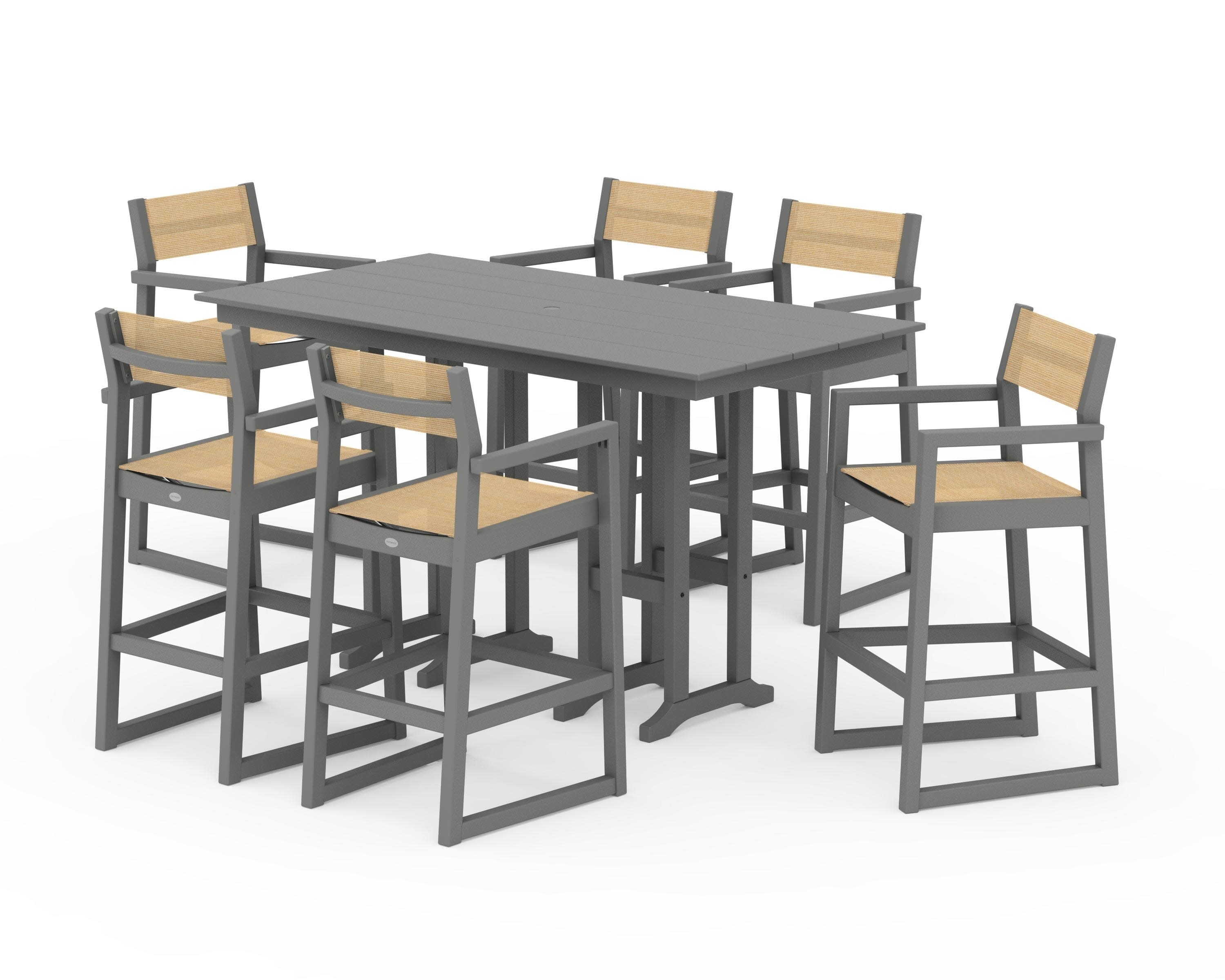 EDGE Sling Arm Chair 7-Piece Farmhouse Bar Set in Slate Grey / Dupioni Apricot Sling