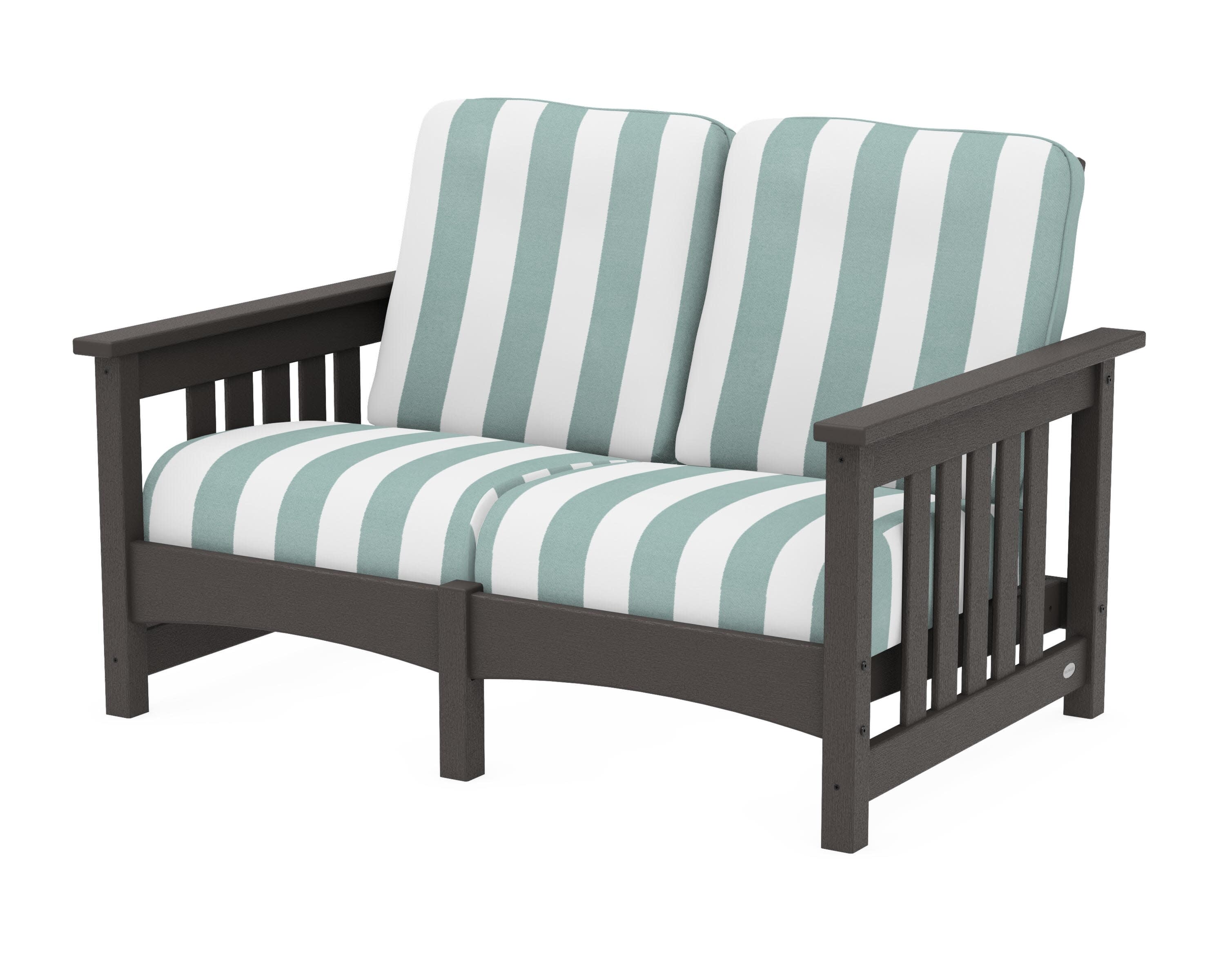 Club Mission Loveseat in Vintage Coffee / Cabana Stripe Glacier Spa