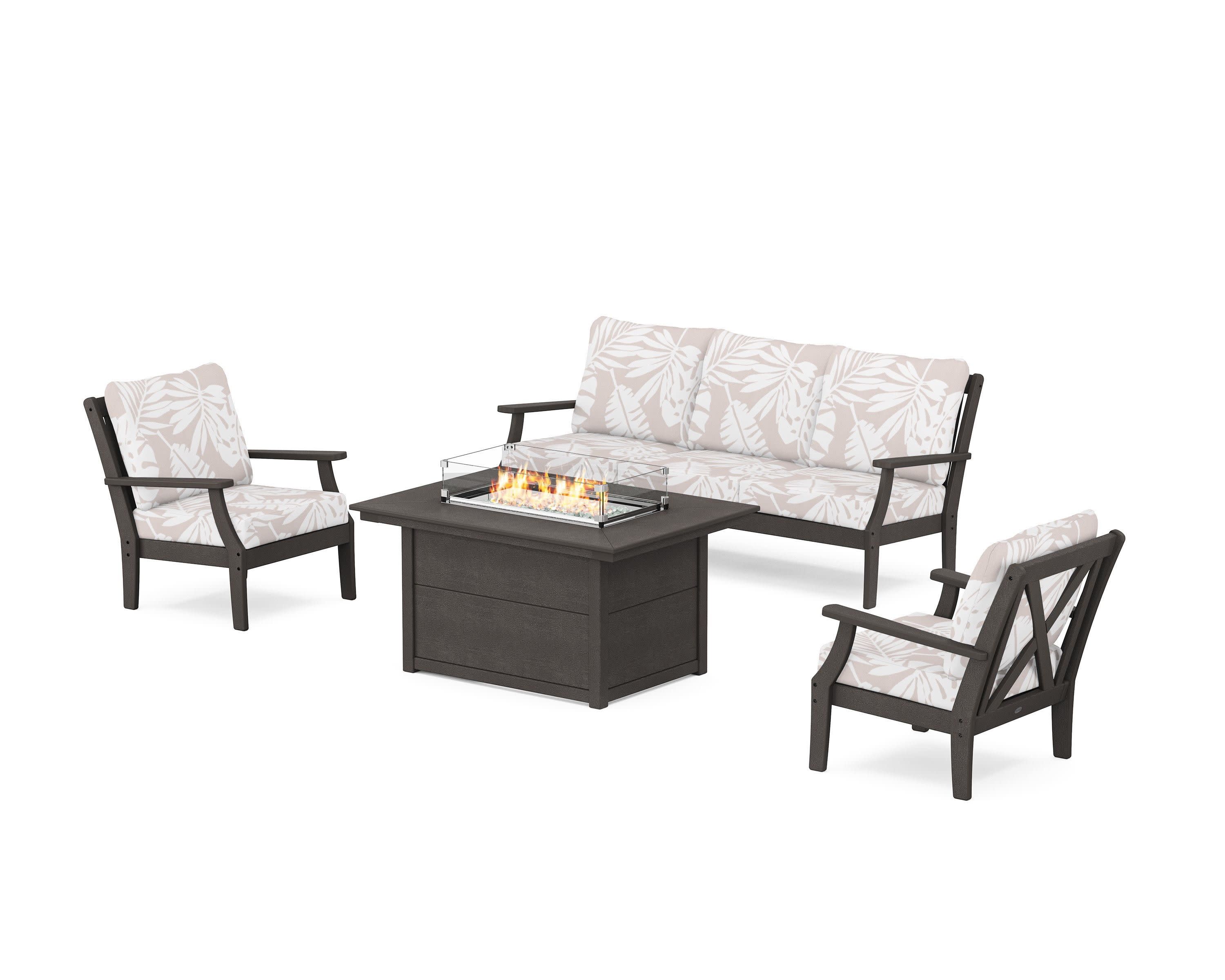 Braxton Deep Seating Fire Pit Table Set in Vintage Coffee / Leaf Dune Burlap
