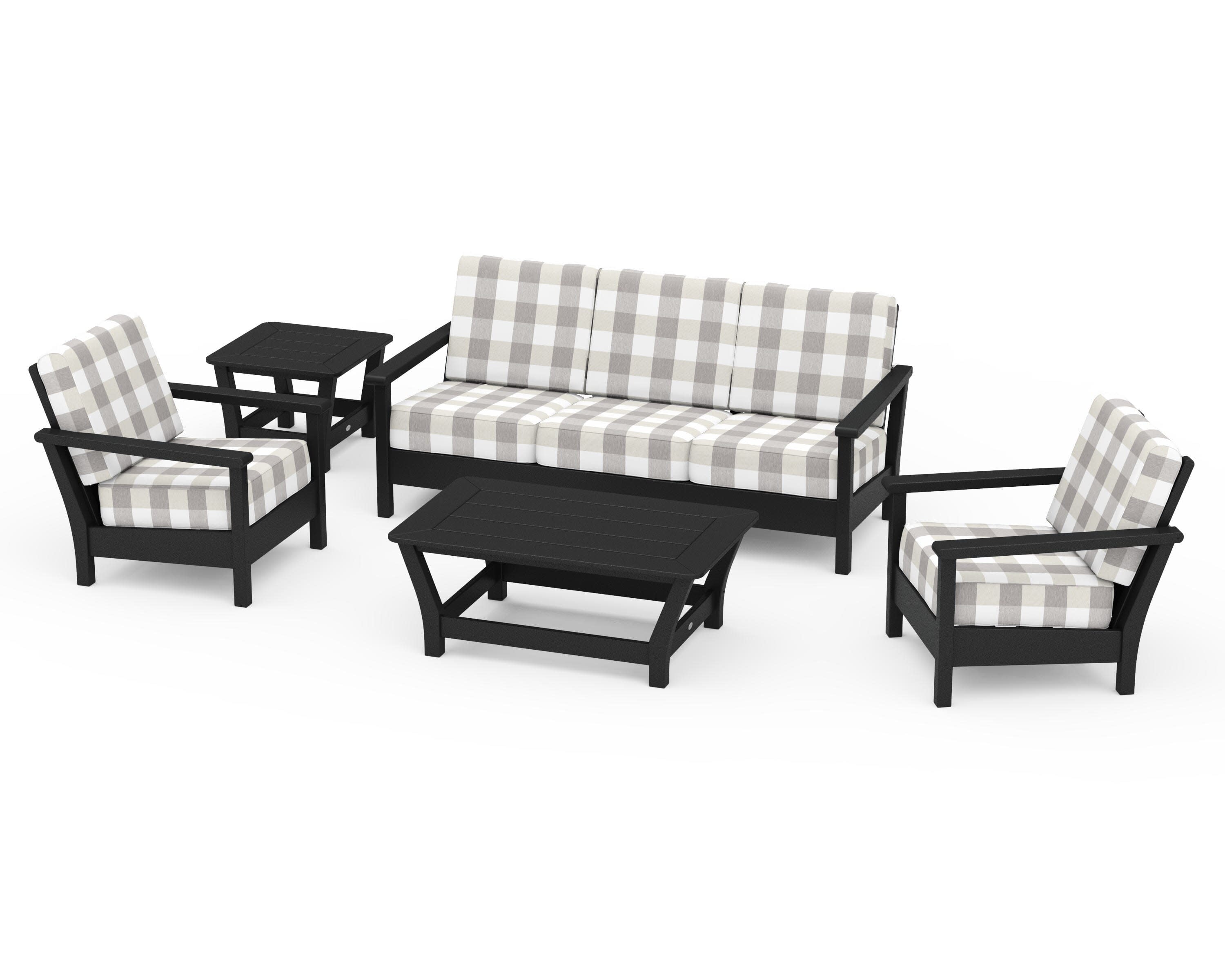 Harbour 5-Piece Deep Seating Set in Black / Buffalo Plaid Grey Mist
