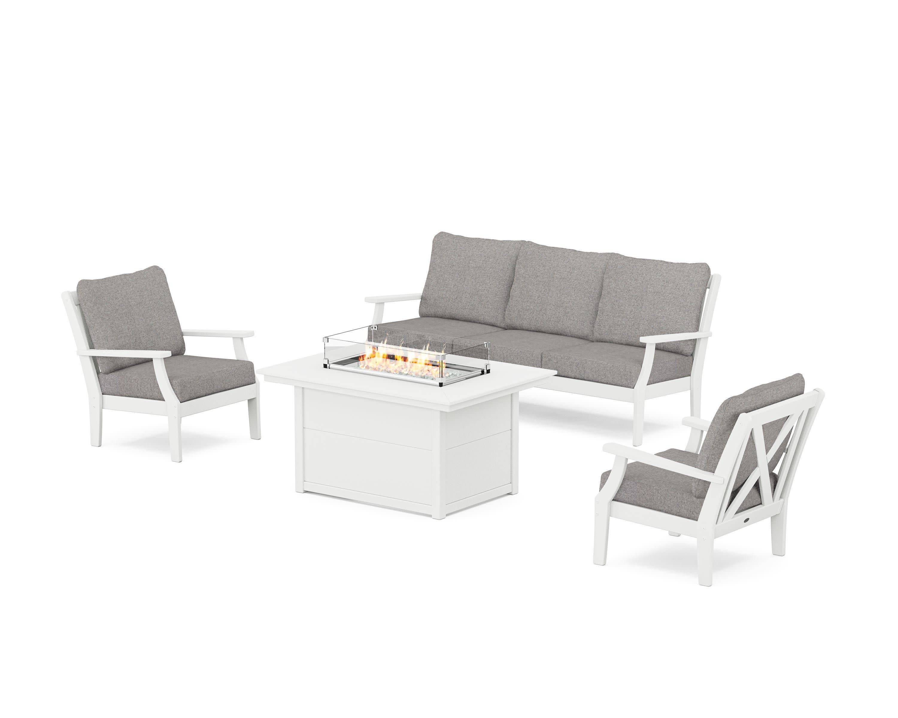 Braxton Deep Seating Fire Pit Table Set in White / Grey Mist