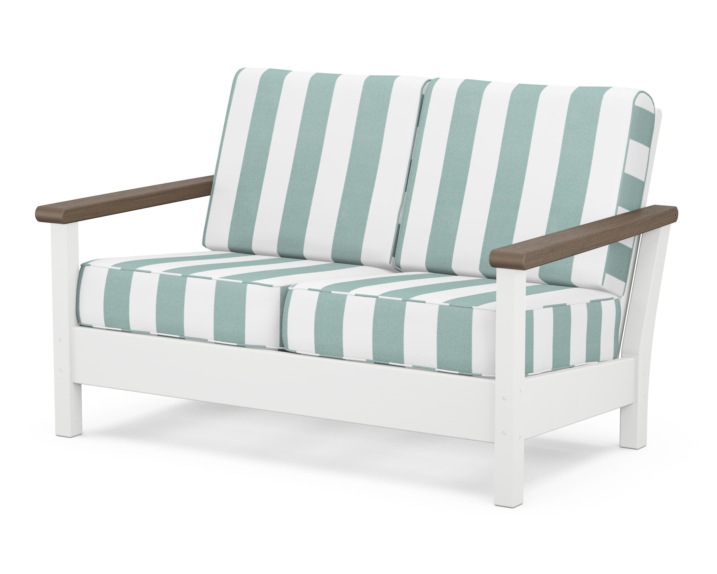Harbour Deep Seating Loveseat in White / Kona / Cabana Stripe Glacier Spa