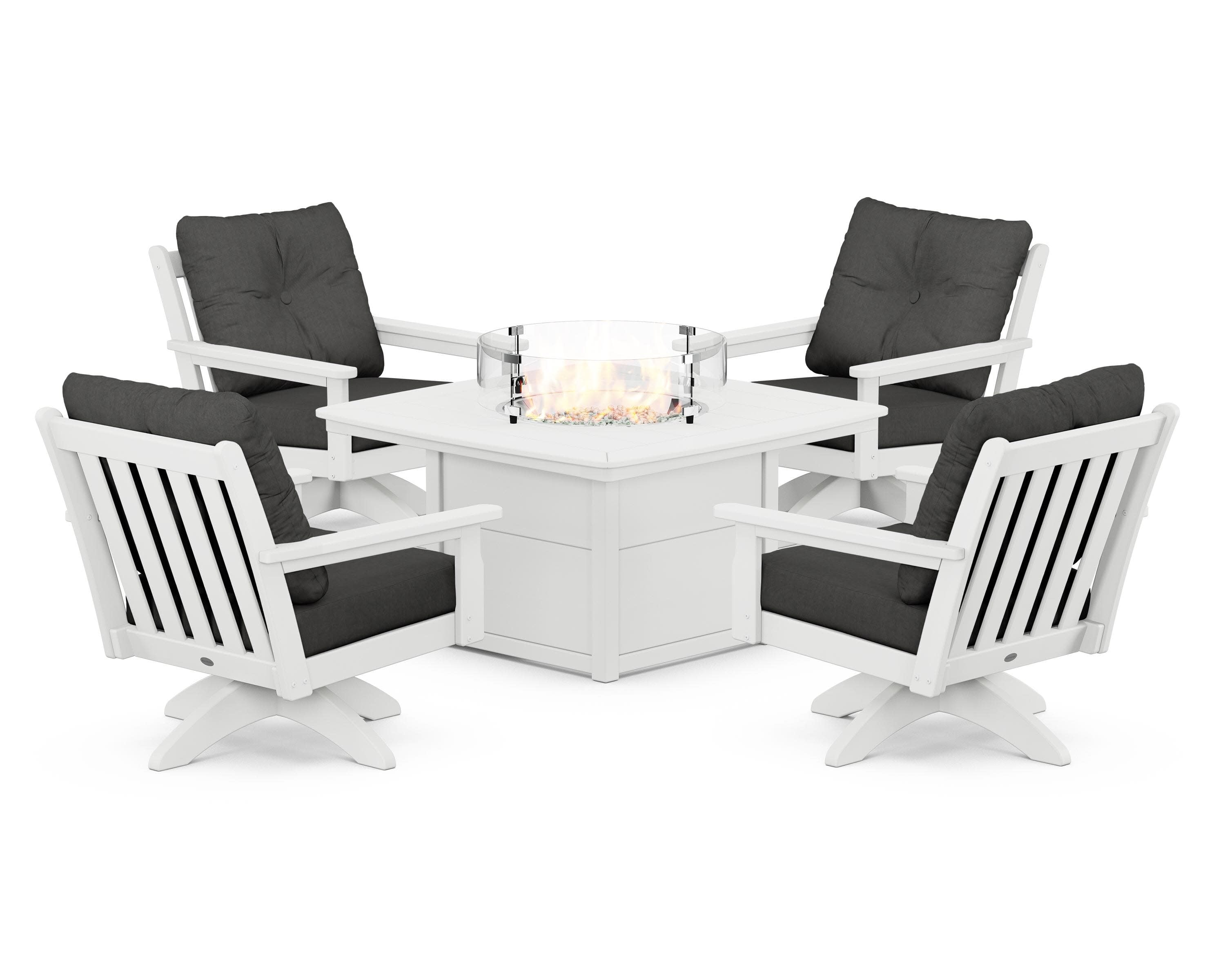Vineyard 5-Piece Deep Seating Swivel Conversation Set with Fire Pit Table in White / Spectrum Carbon