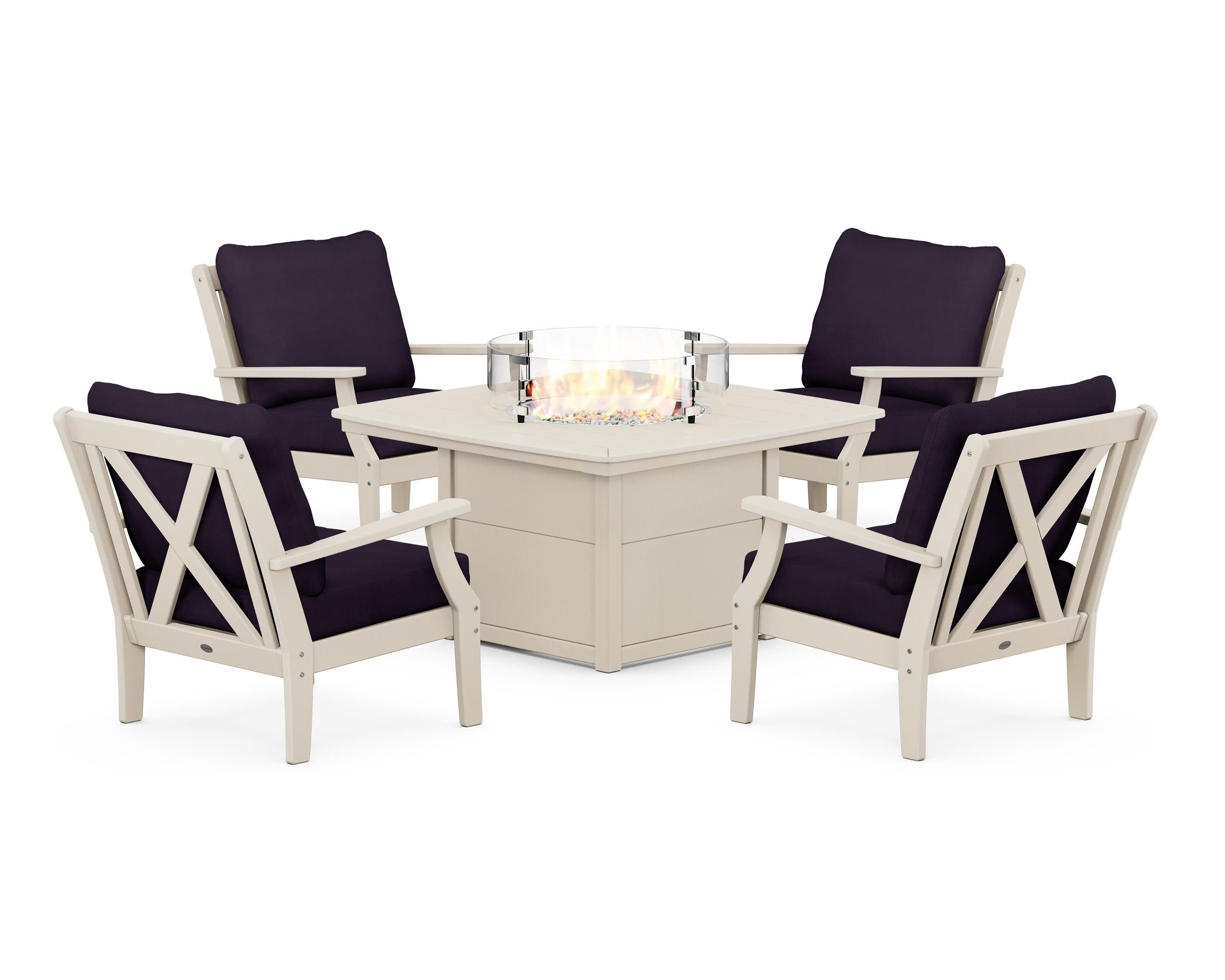 Braxton 5-Piece Deep Seating Conversation Set with Fire Pit Table in Sand / Navy Linen