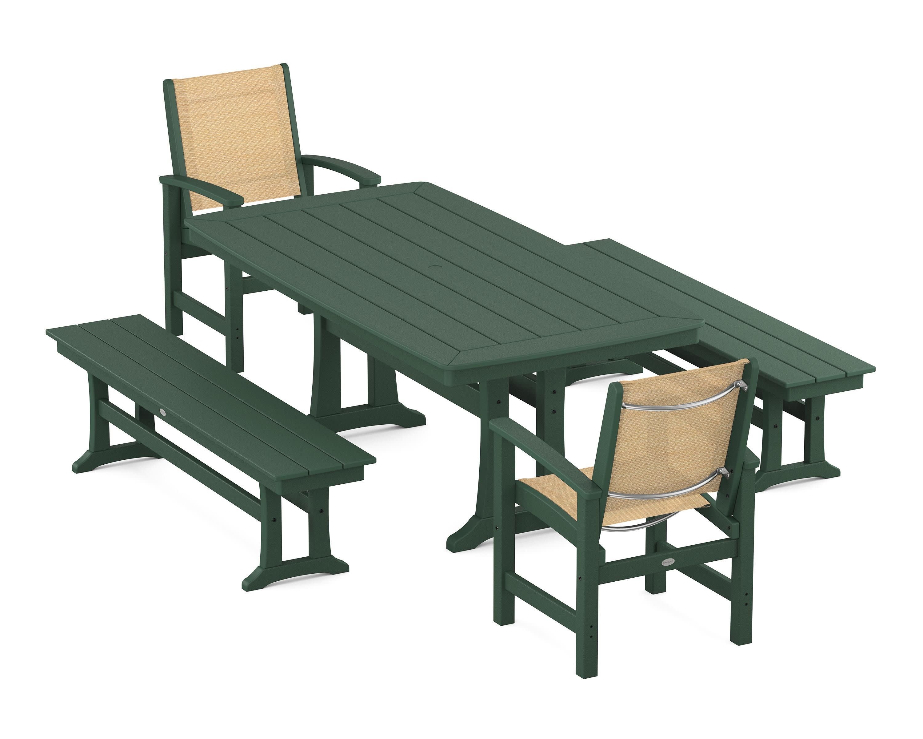 Coastal 5-Piece Dining Set with Trestle Legs and Benches in Green / Dupioni Apricot Sling