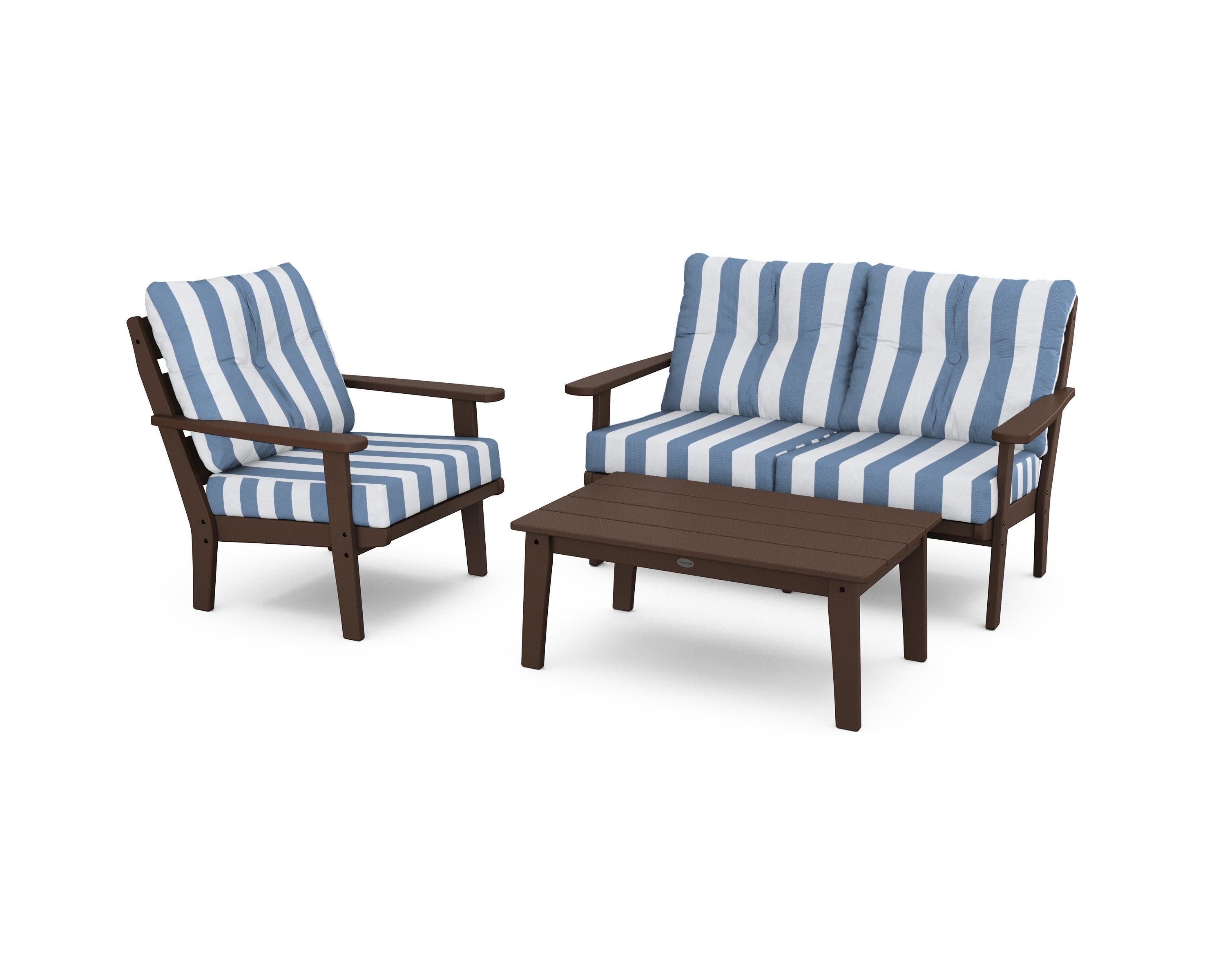 Lakeside 3-Piece Deep Seating Set in Mahogany / Cabana Stripe Sky Blue