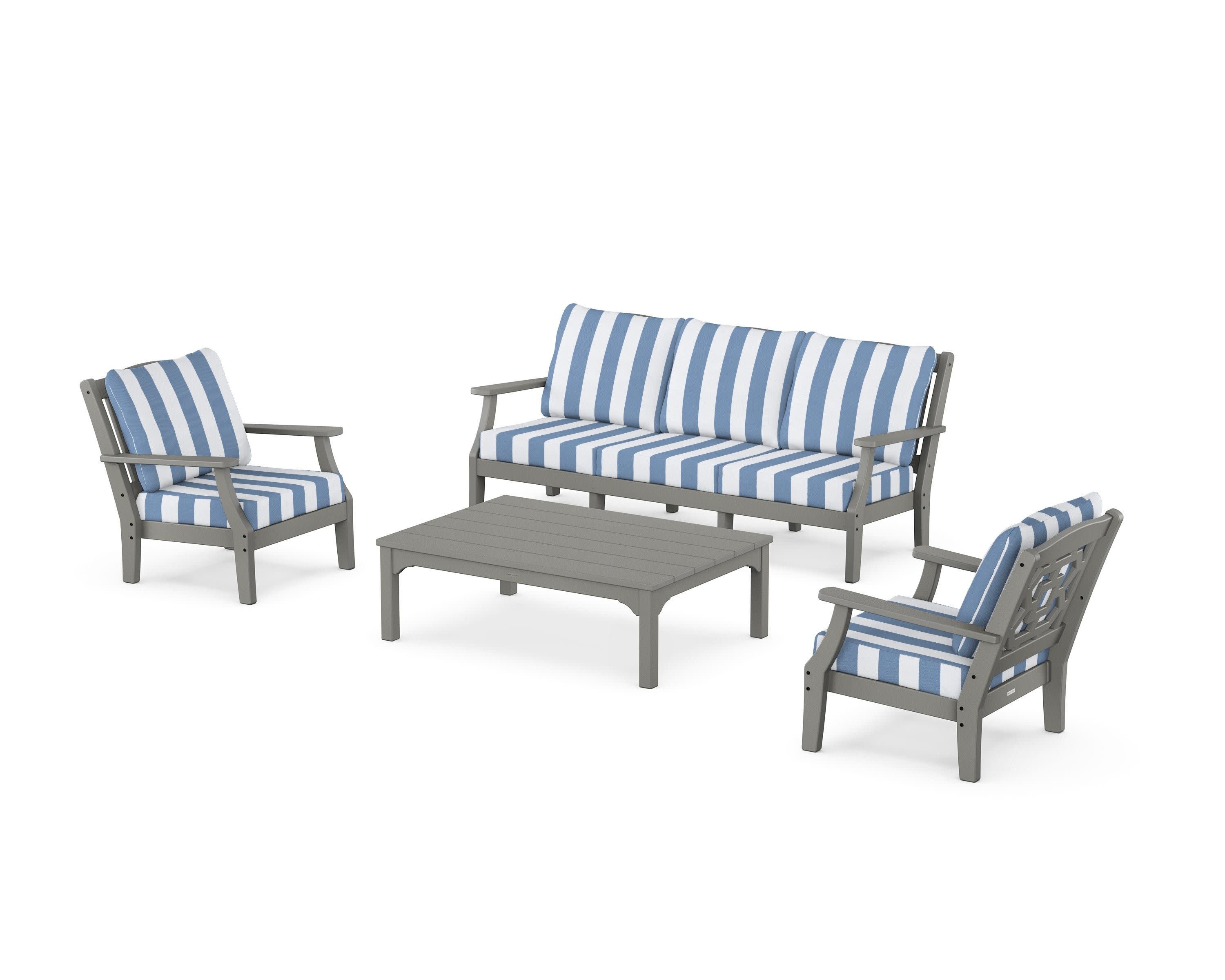 Chinoiserie 4-Piece Deep Seating Set with Sofa in Slate Grey / Cabana Stripe Sky Blue