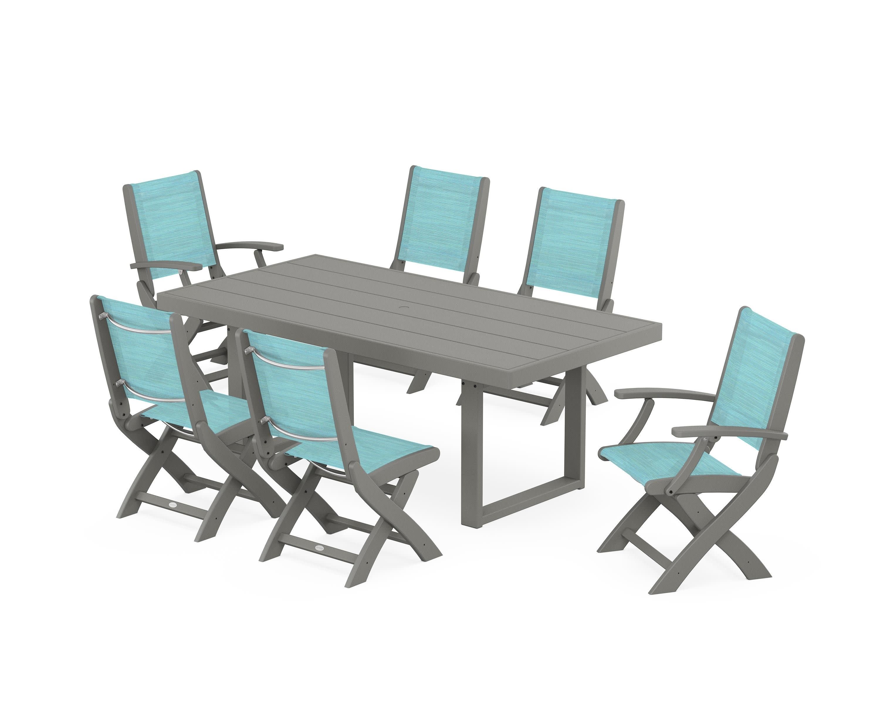 Coastal Folding Chair 7-Piece Dining Set with Trestle Legs in Slate Grey / Dupioni Aquamarine Sling