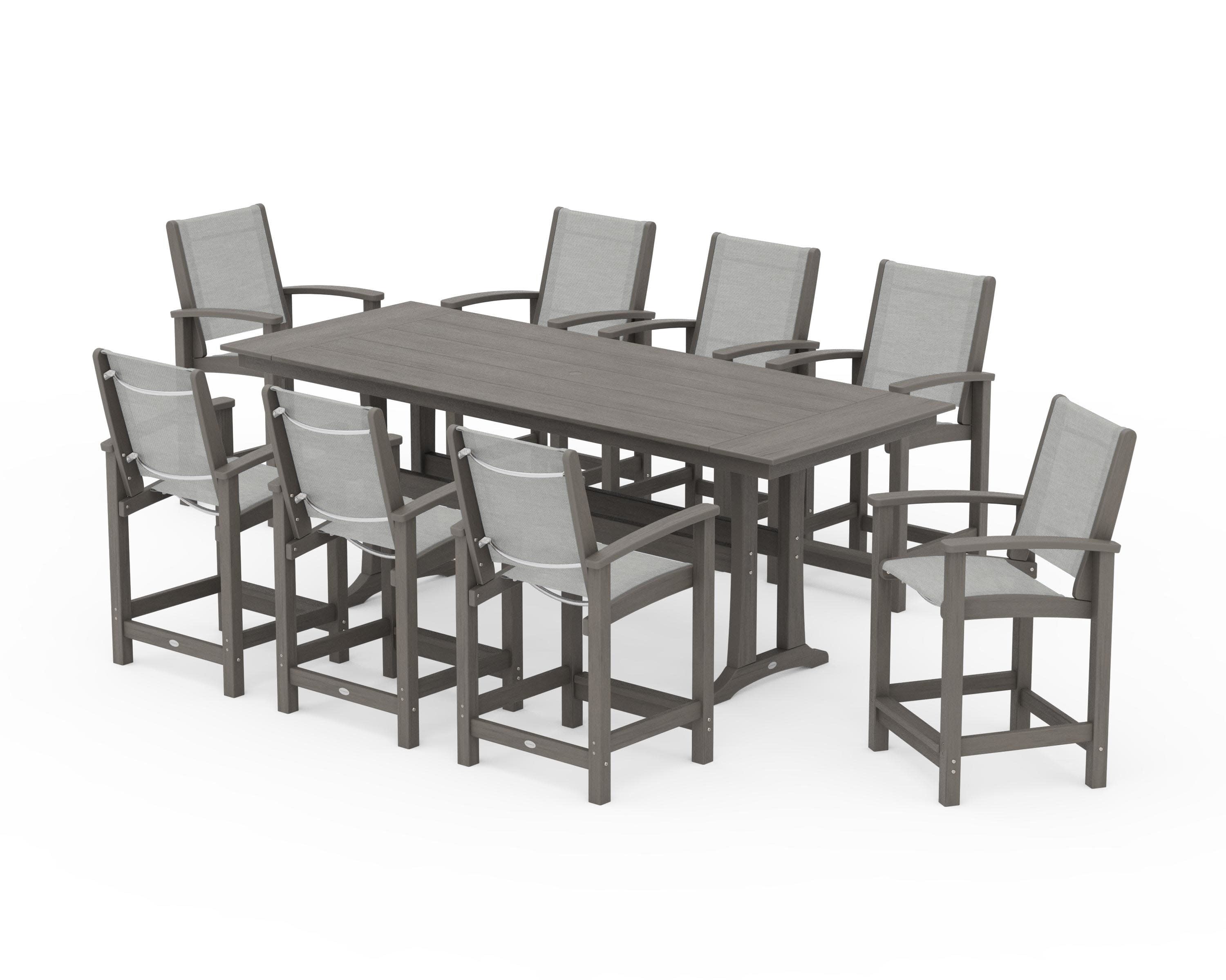 Coastal 9-Piece Farmhouse Counter Set with Trestle Legs in Driftwood / Metallic Sling