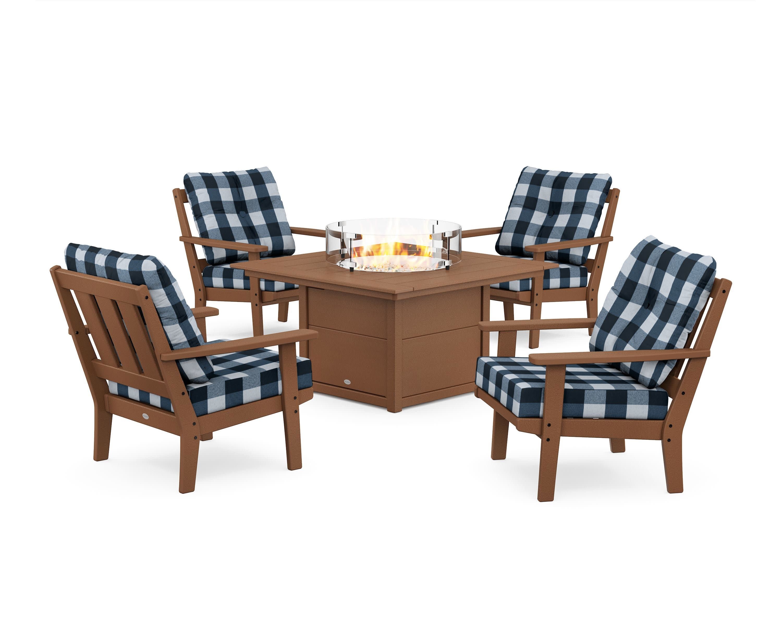 Oxford 5-Piece Deep Seating Set with Fire Pit Table in Teak / Buffalo Plaid Marine Indigo