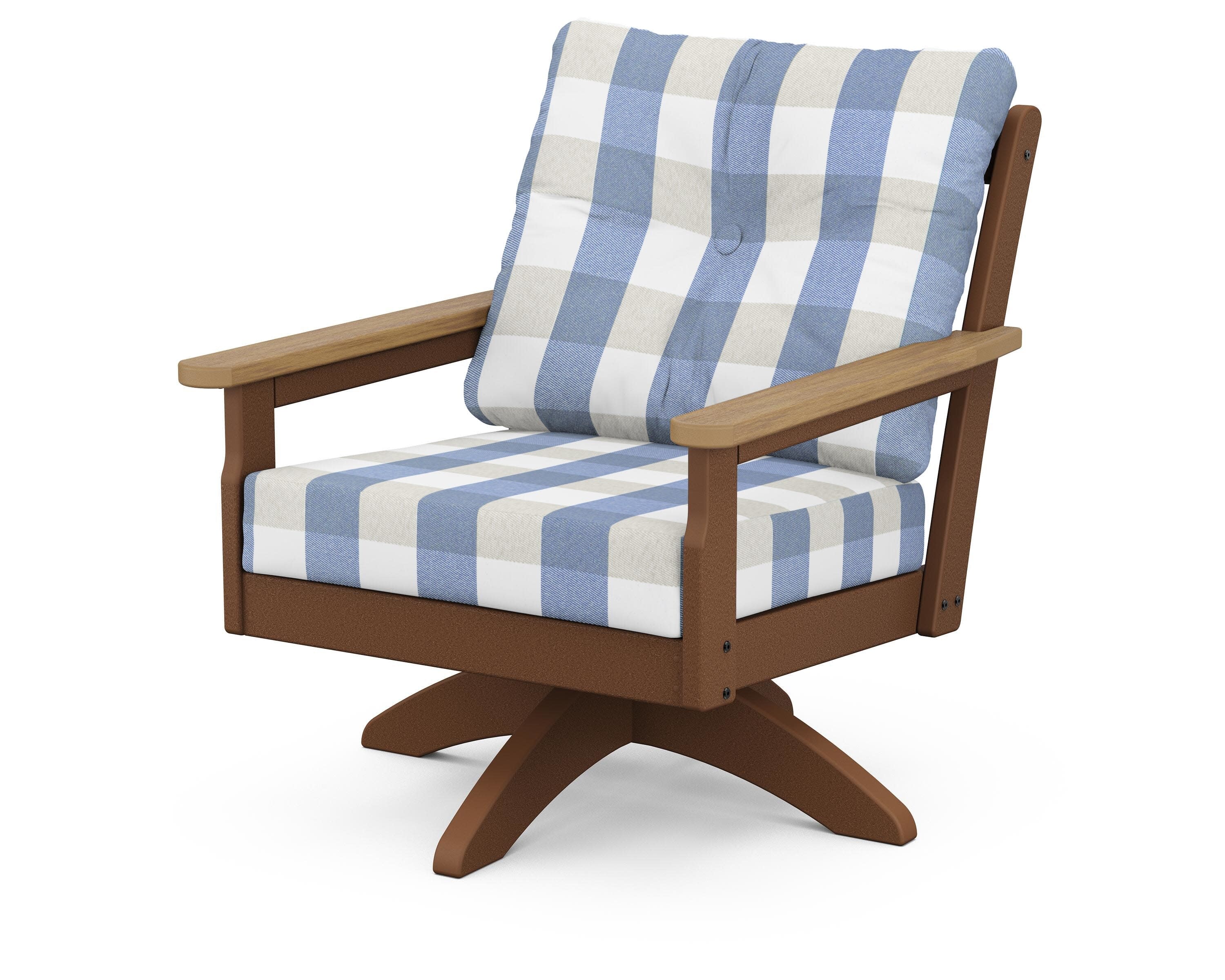 Vineyard Deep Seating Swivel Chair in Teak / Natural / Buffalo Plaid Sky Blue