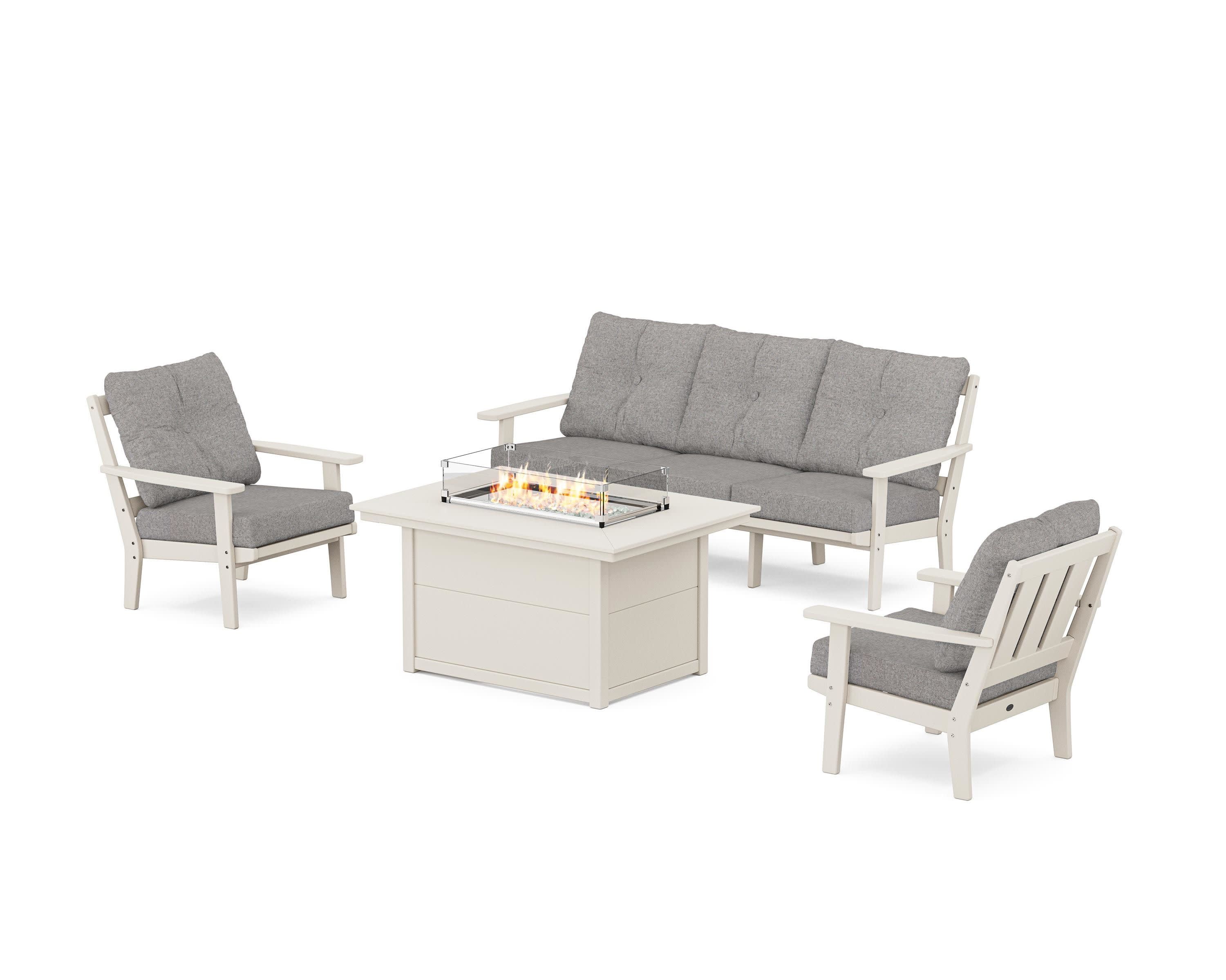 Oxford Deep Seating Fire Pit Table Set in Sand / Grey Mist
