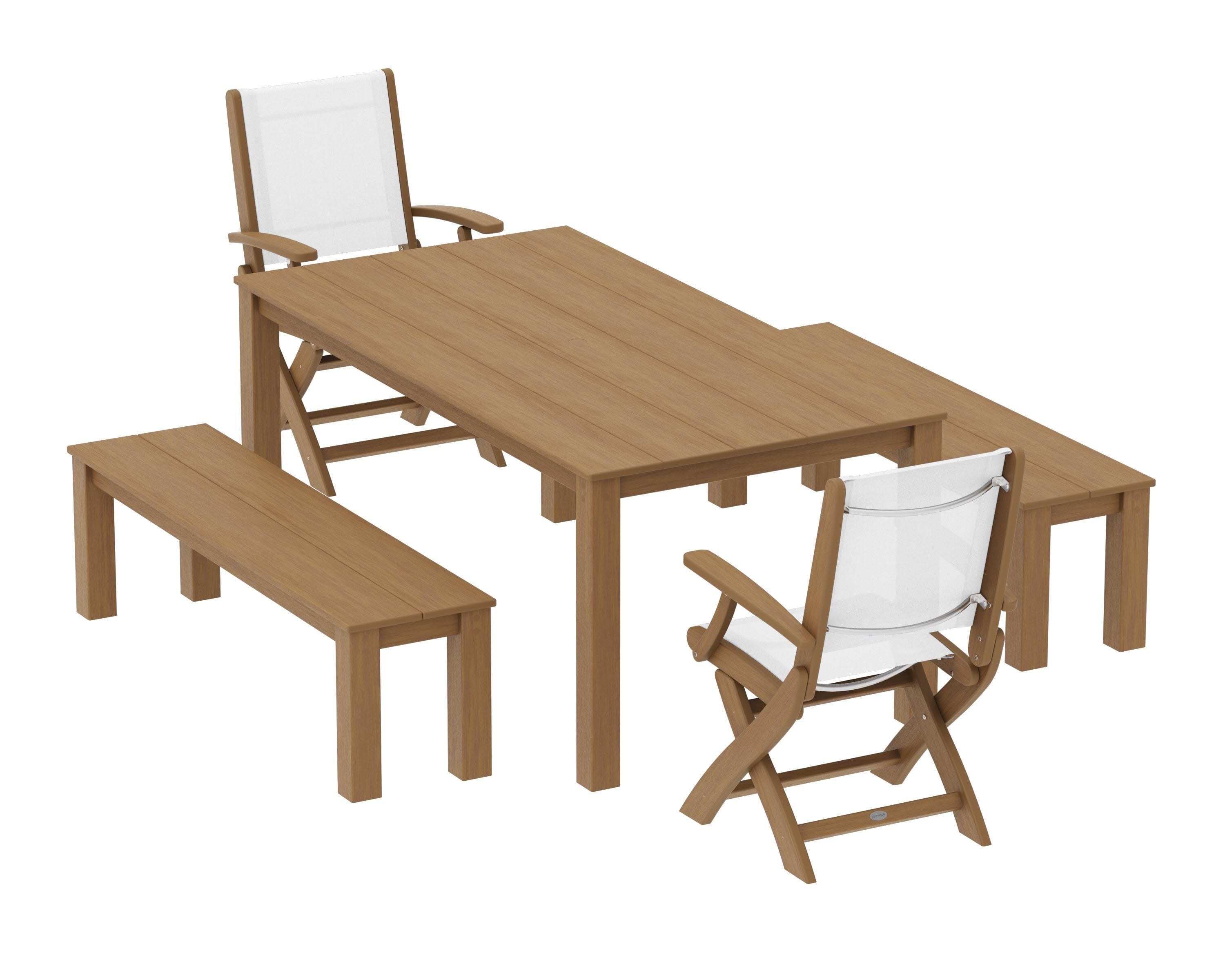 Coastal Folding Chair 5-Piece Parsons Dining Set with Benches in Natural / White Sling