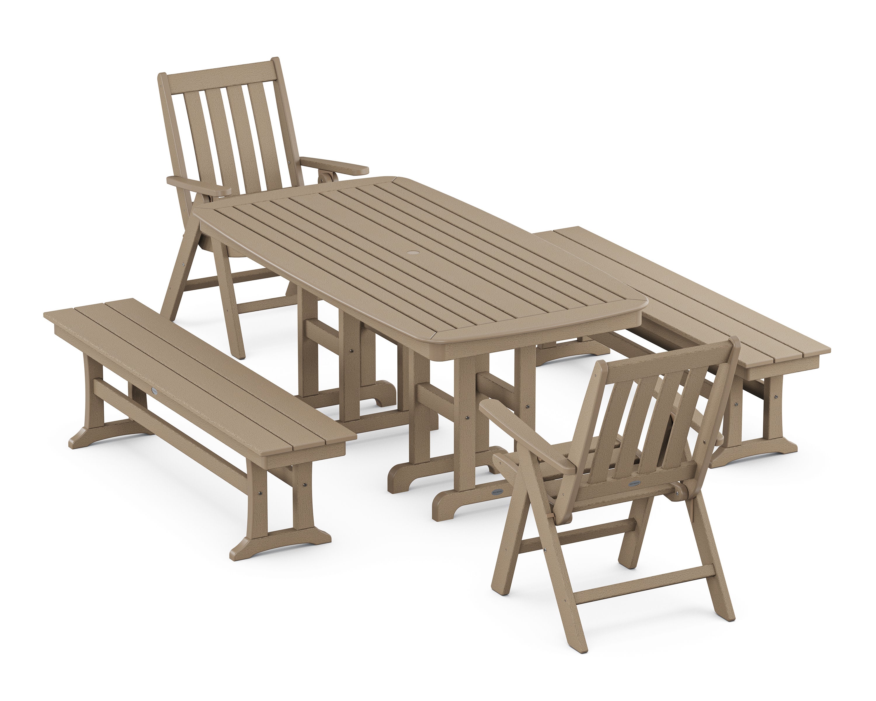 Vineyard Folding Chair 6-Piece Dining Set with Benches in Vintage Sahara