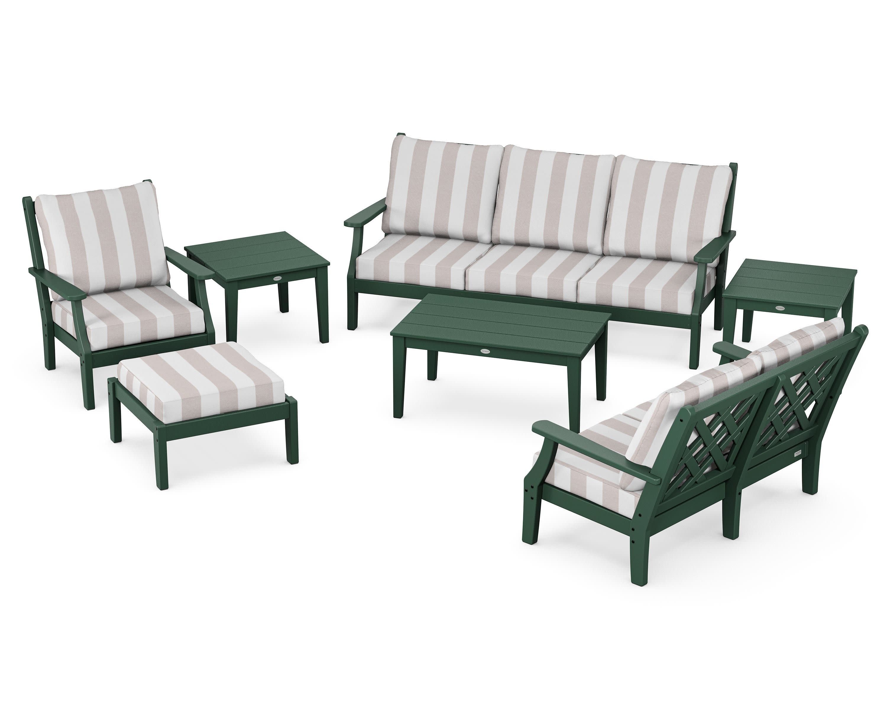 Wovendale 7-Piece Deep Seating Set in Green / Cabana Stripe Dune Burlap