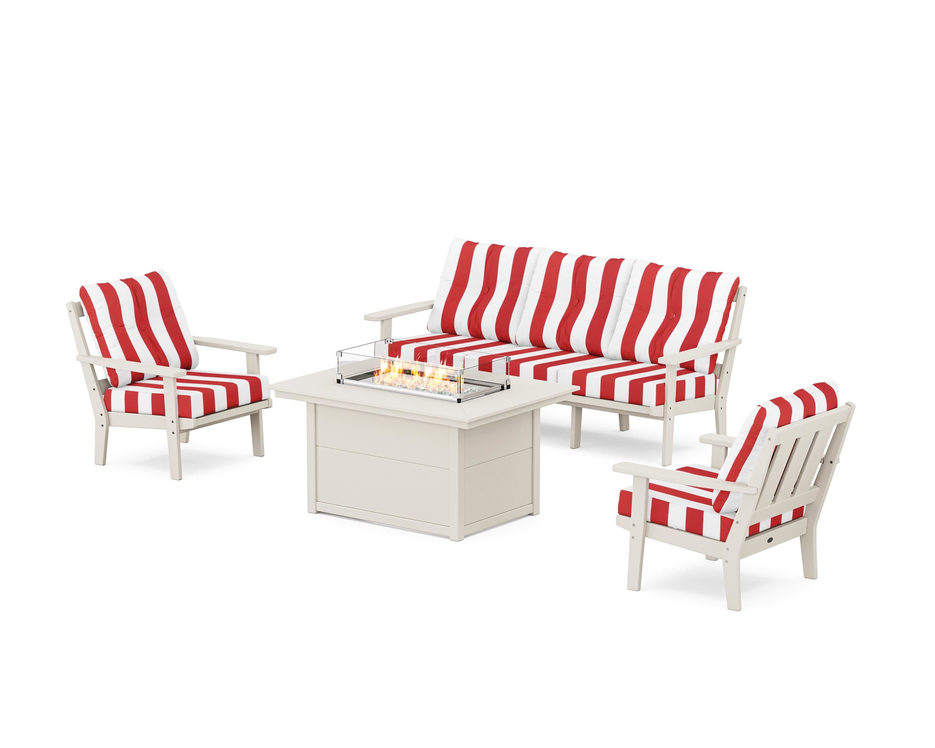 Oxford Deep Seating Fire Pit Table Set in Sand / Cabana Stripe Crimson