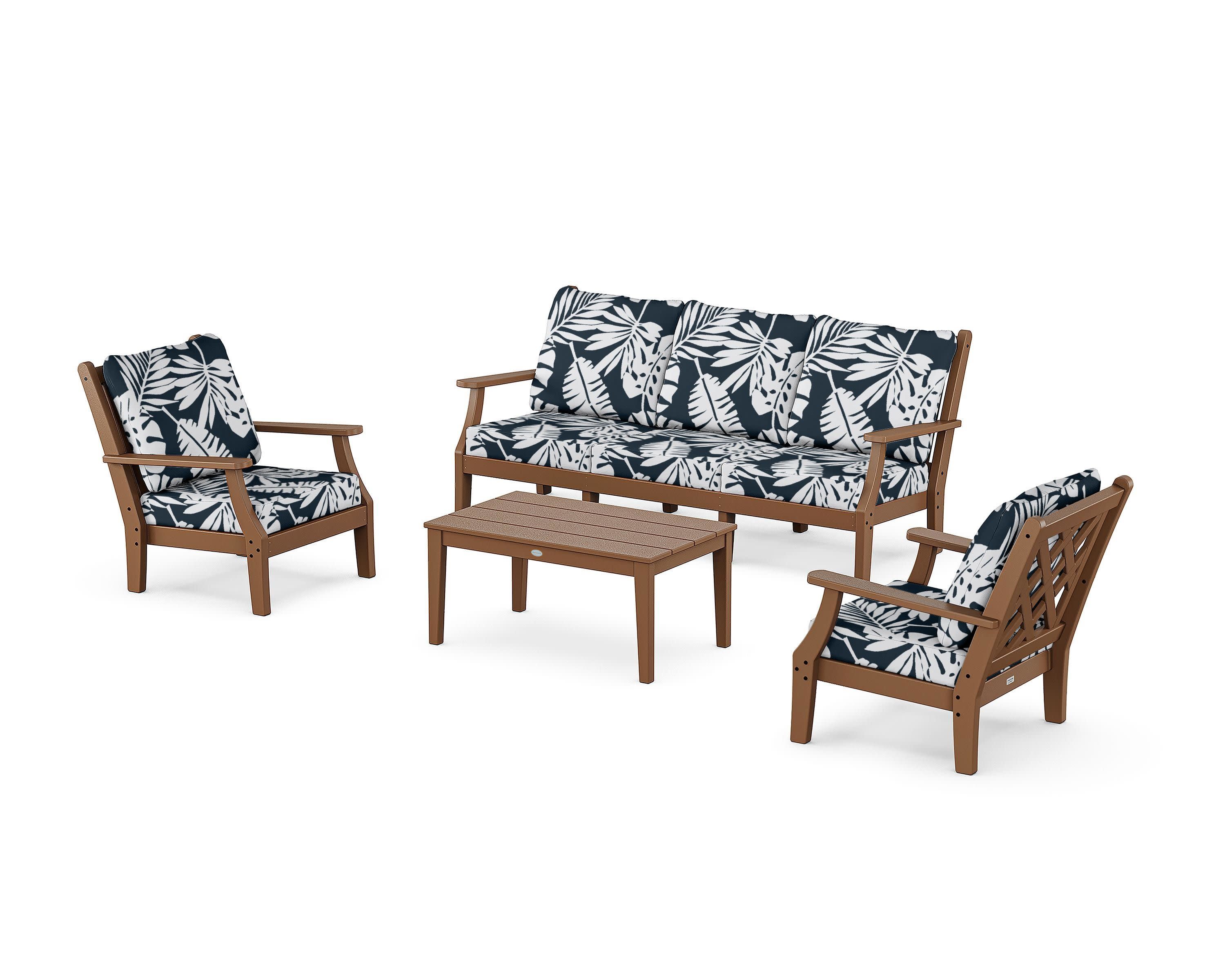 Wovendale 4-Piece Deep Seating Set with Sofa in Teak / Leaf Marine Indigo