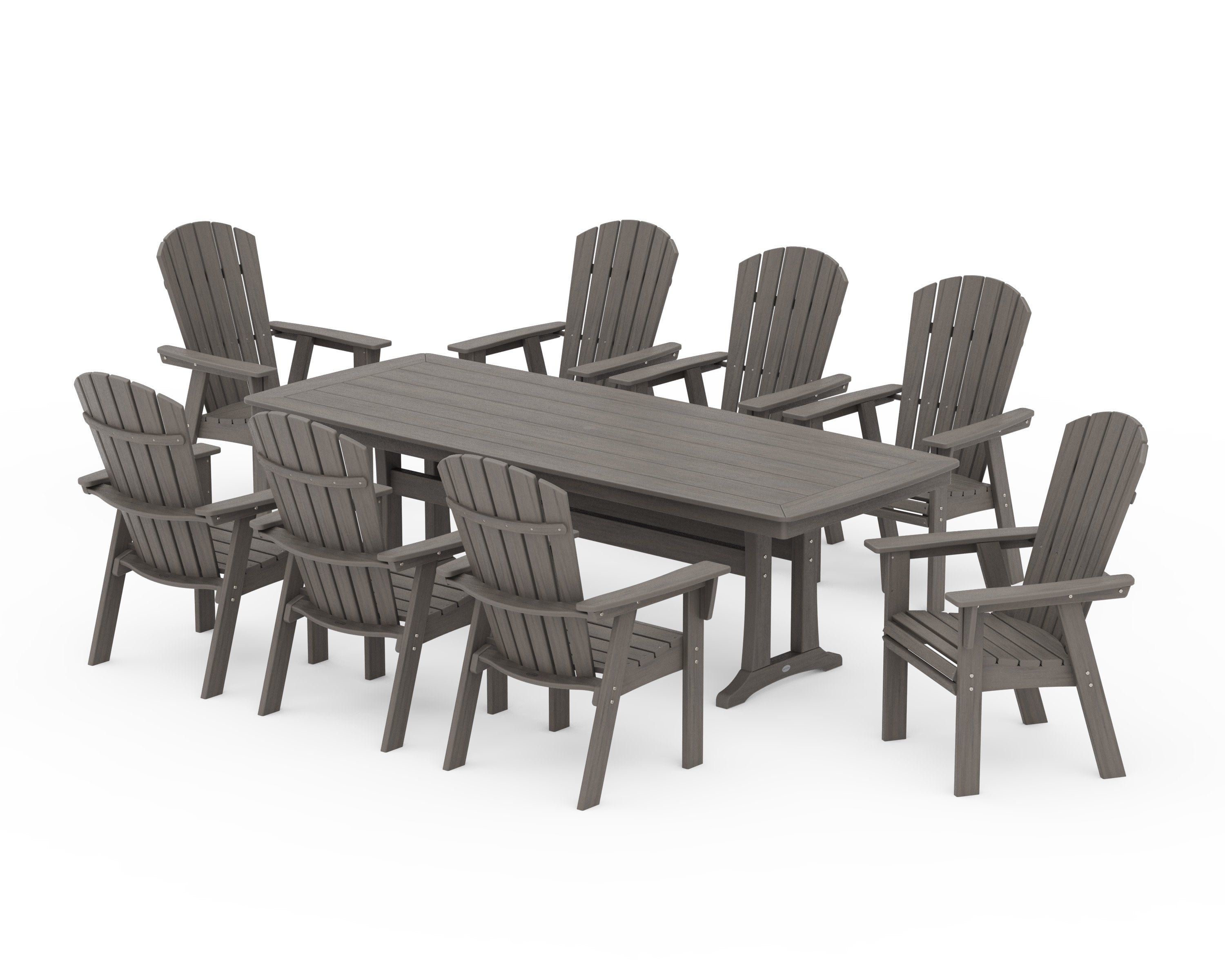 Nautical Curveback Adirondack 9-Piece Dining Set with Trestle Legs in Driftwood