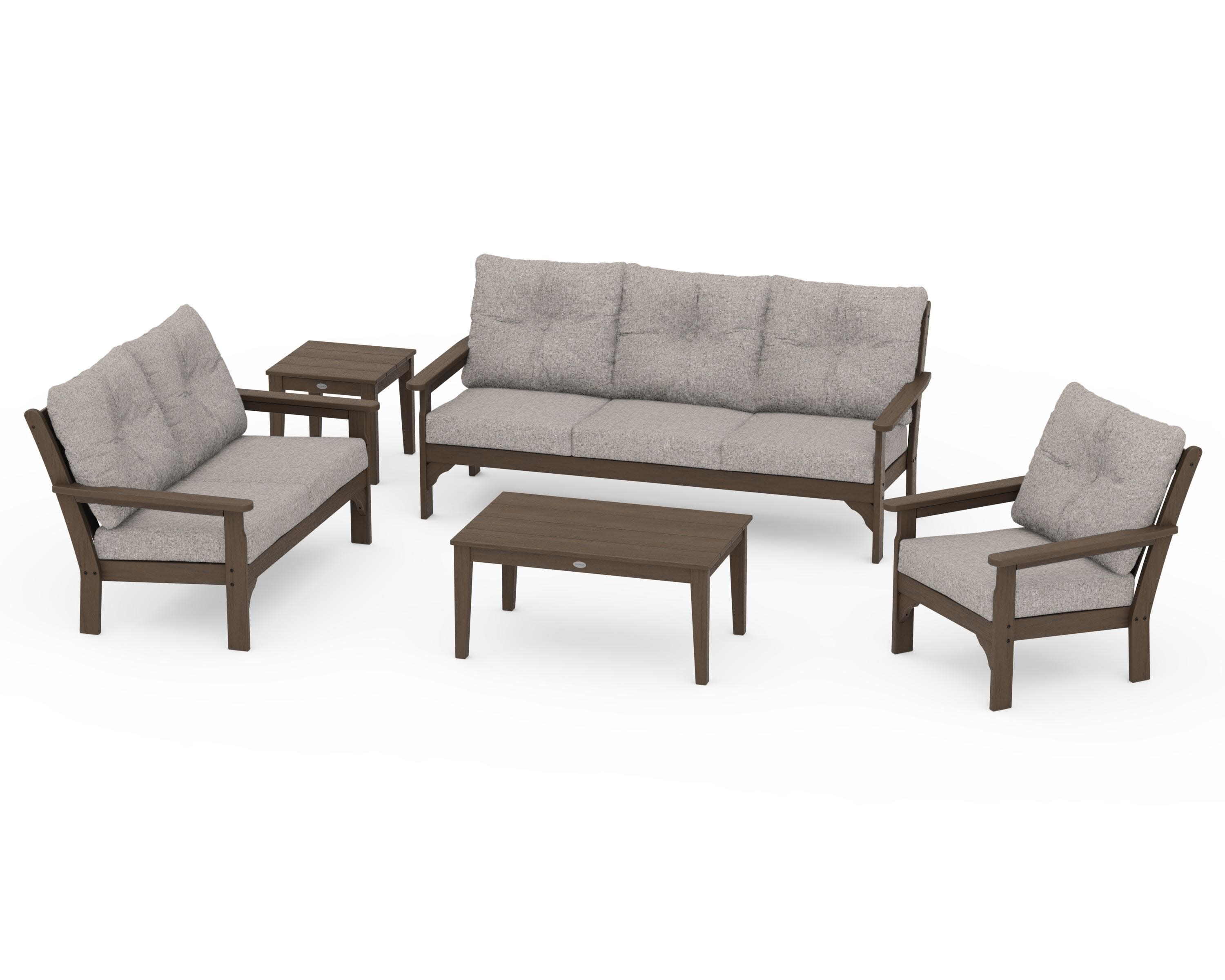 Vineyard 5 Piece Deep Seating Set in Kona / Weathered Tweed