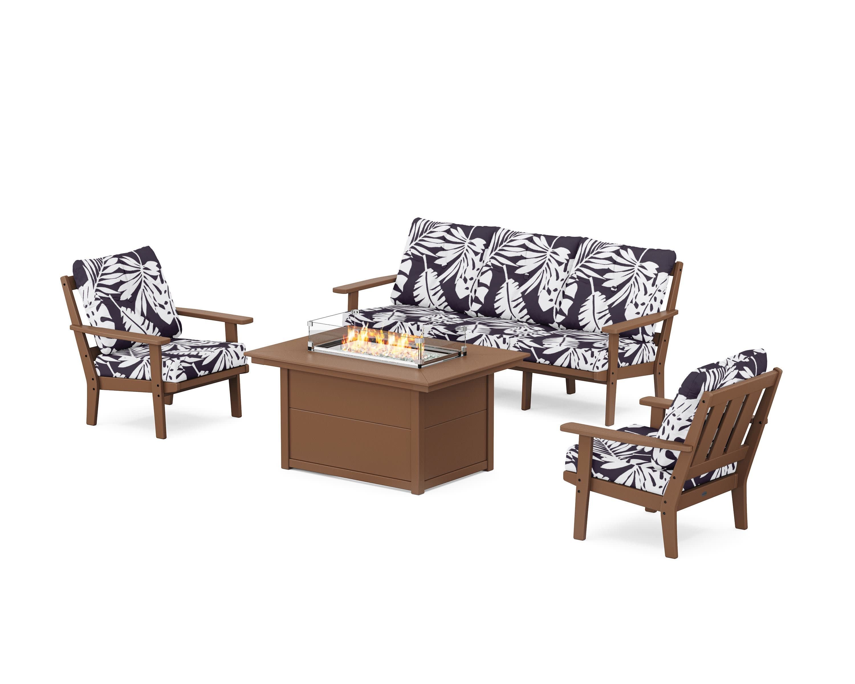 Oxford Deep Seating Fire Pit Table Set in Teak / Leaf Navy