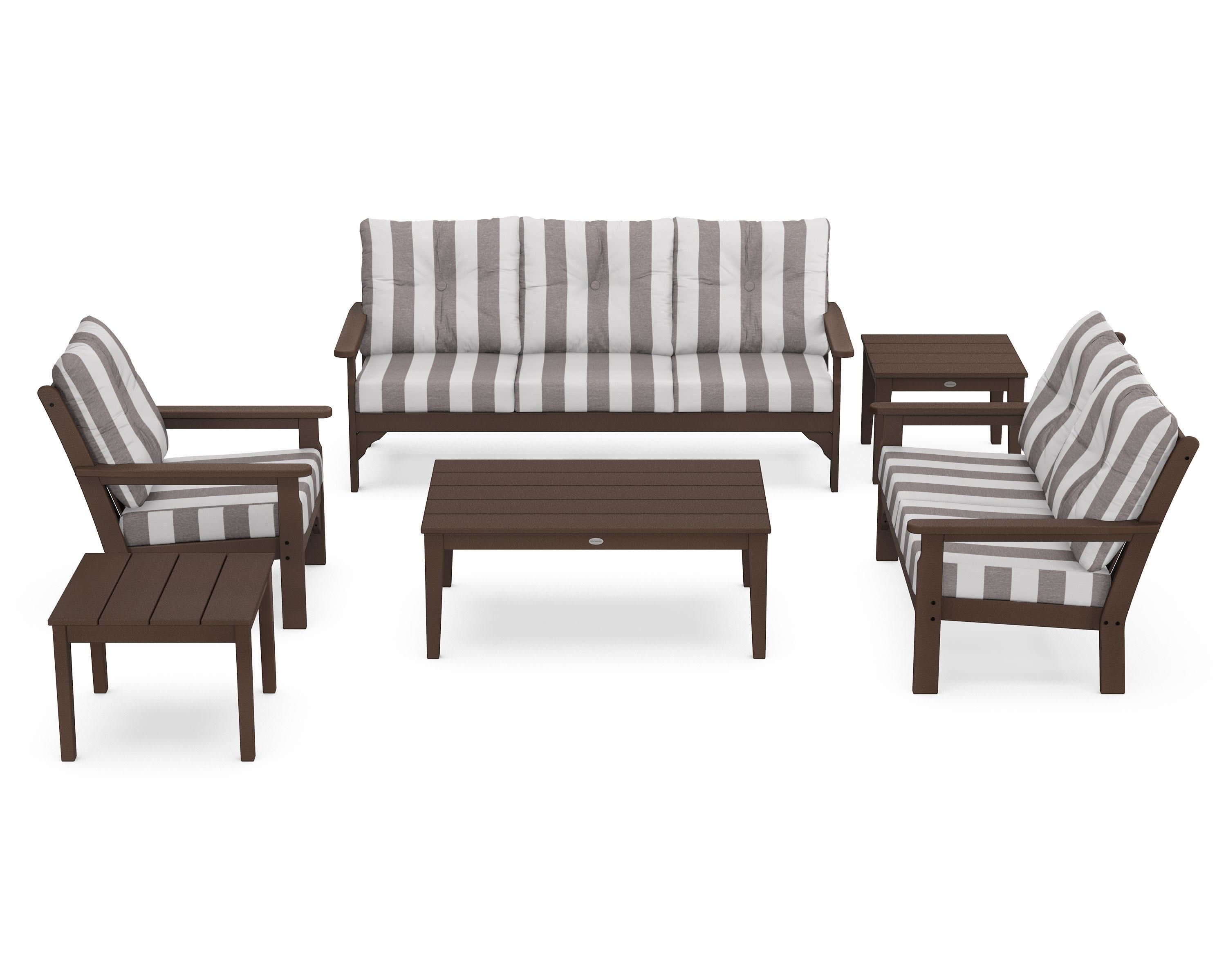 Vineyard 6-Piece Deep Seating Set in Mahogany / Cabana Stripe Grey Mist