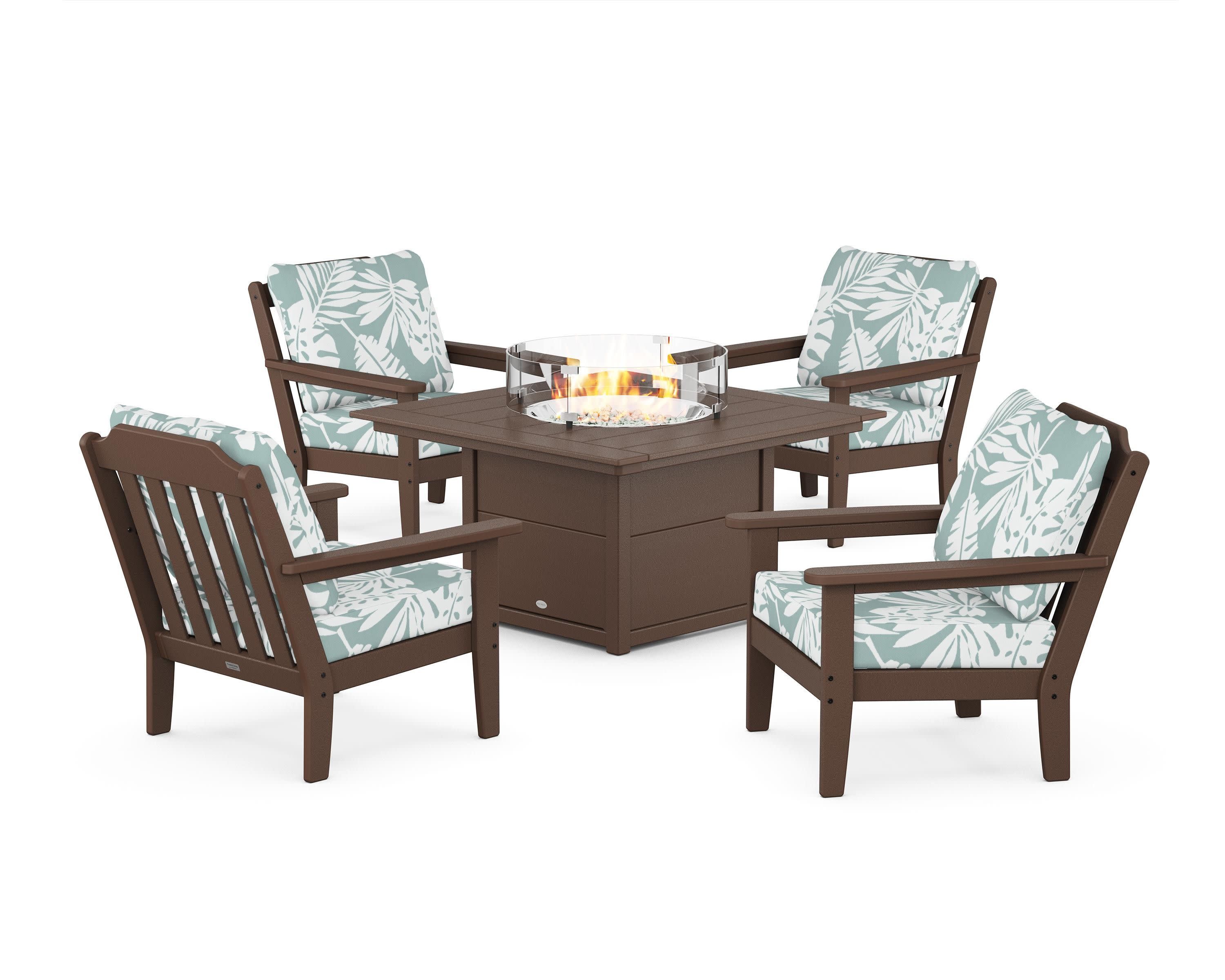 Cottage 5-Piece Deep Seating Set with Fire Pit Table in Mahogany / Leaf Glacier Spa