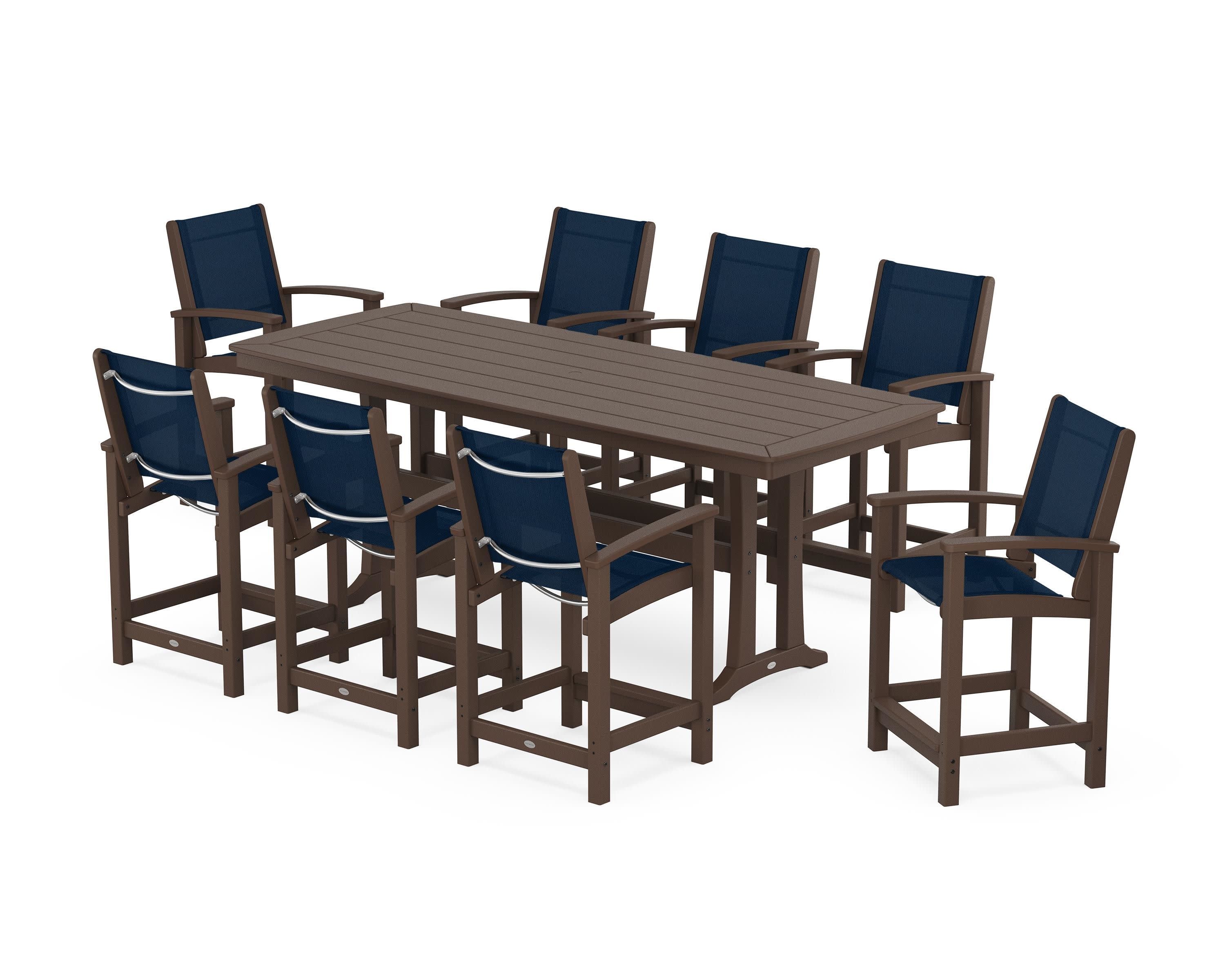 Coastal 9-Piece Counter Set with Trestle Legs in Mahogany / Navy Blue Sling