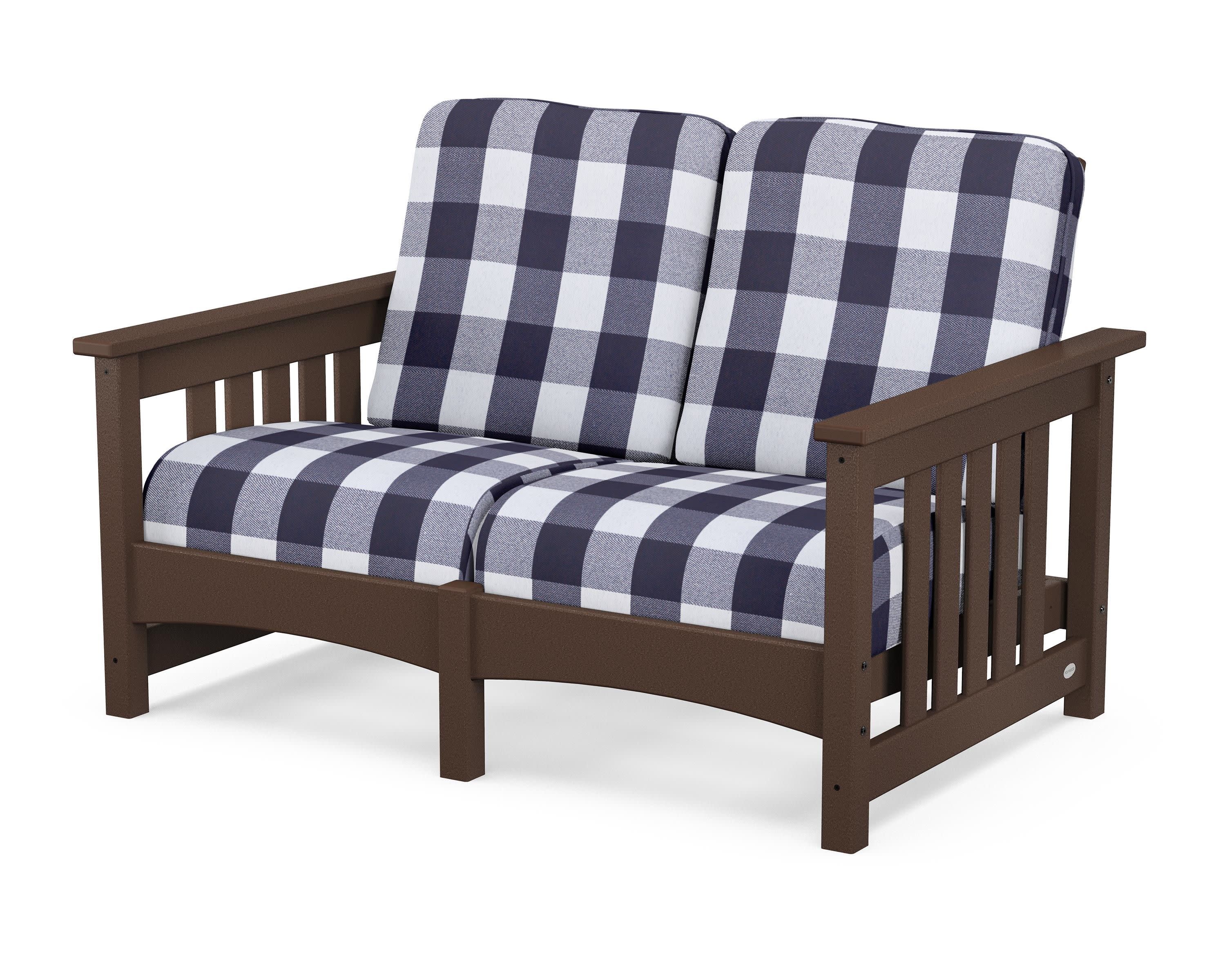 Club Mission Loveseat in Mahogany / Buffalo Plaid Navy