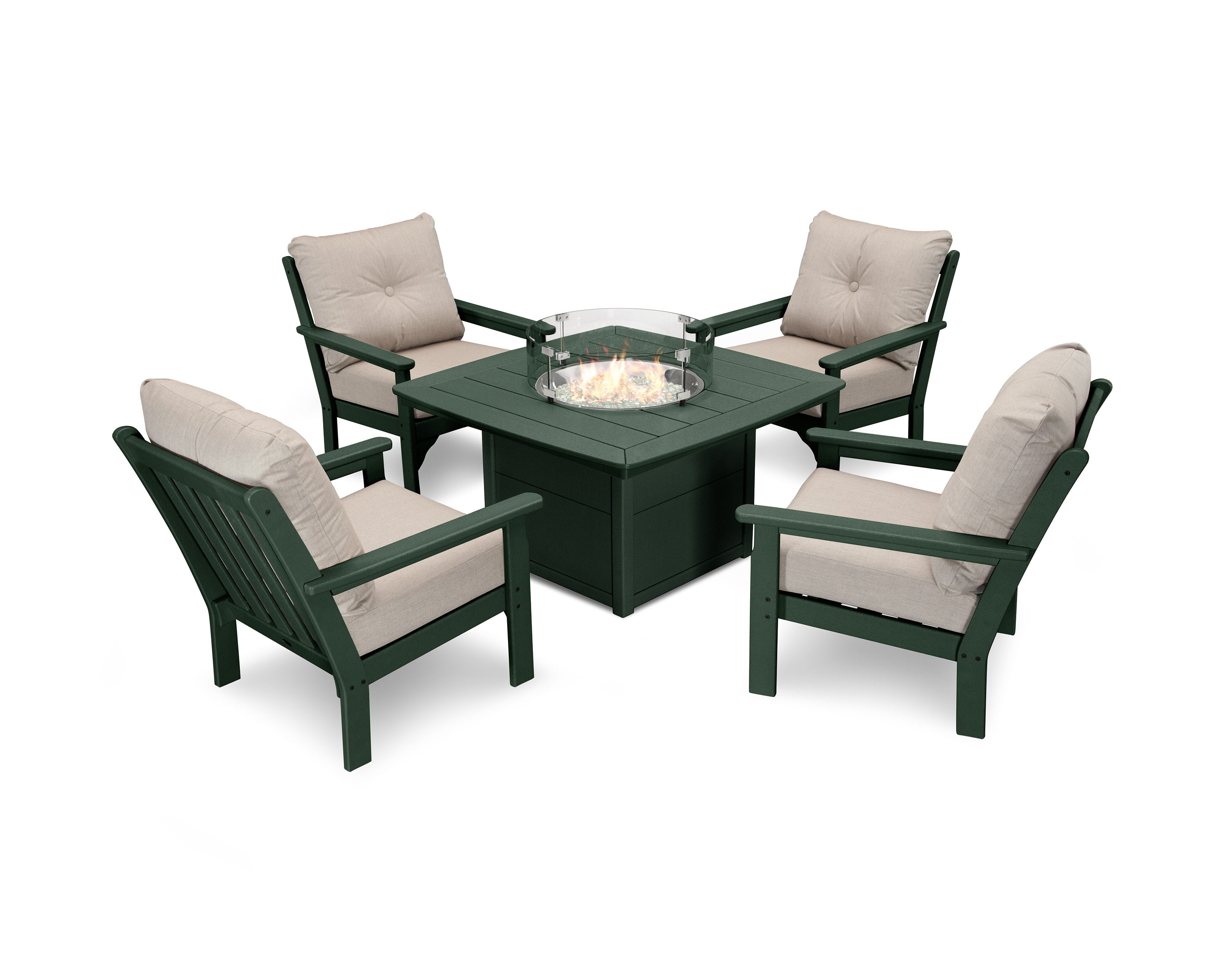 Vineyard 5-Piece Conversation Set with Fire Pit Table in Green / Cast Ash