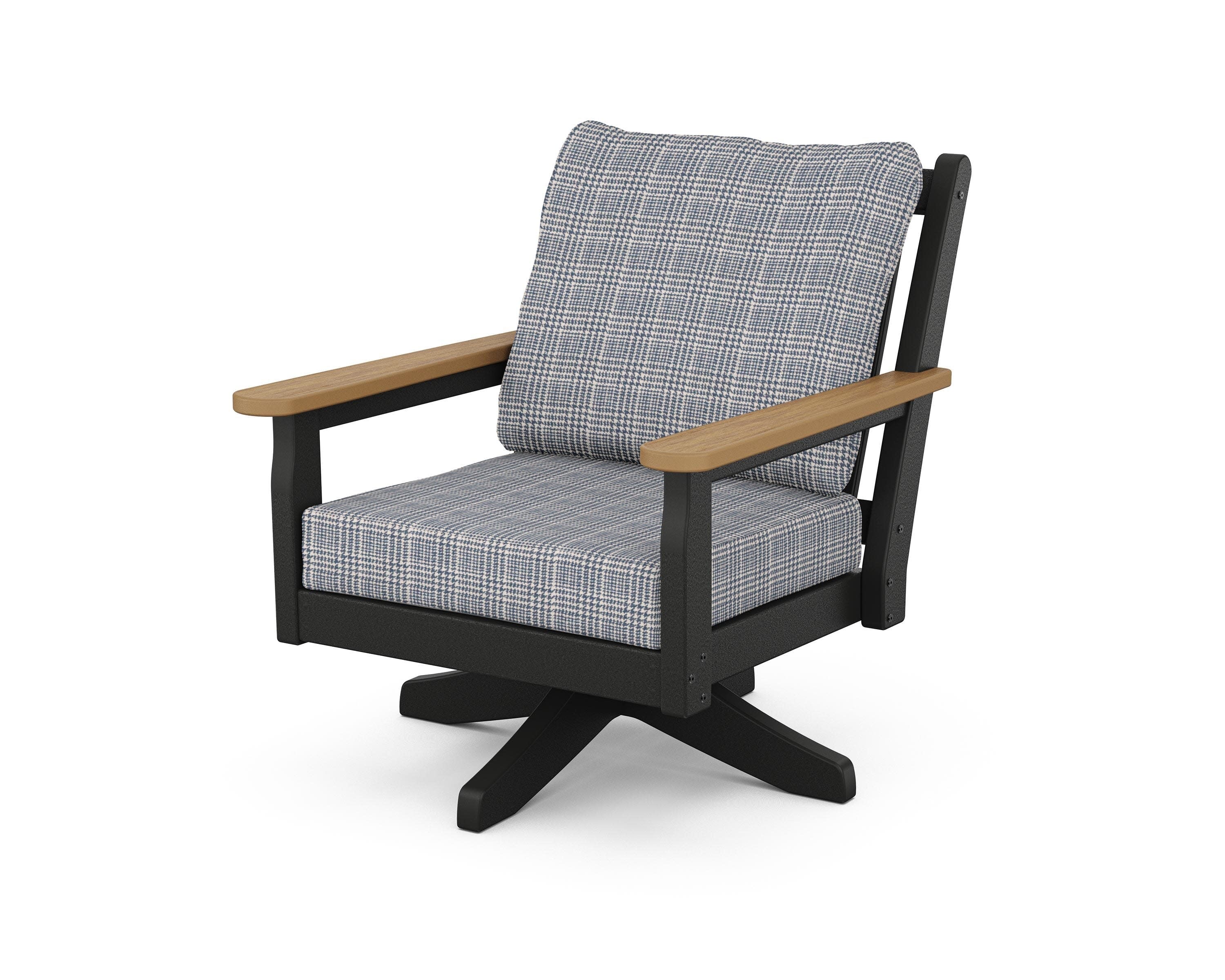 Chippendale Deep Seating Swivel Chair in Black / Natural / Houndstooth Sky Blue