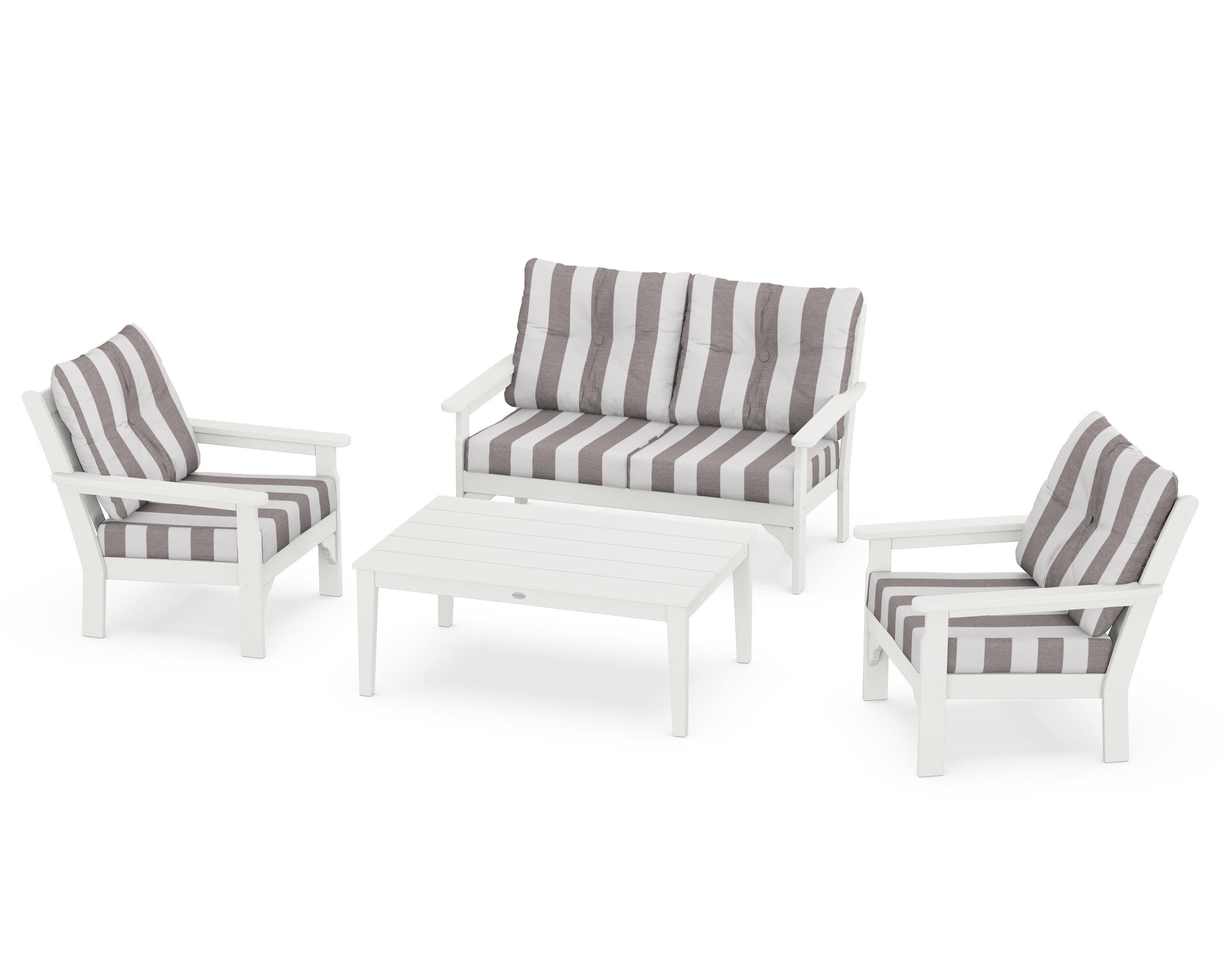 Vineyard 4-Piece Deep Seating Set in Vintage White / Cabana Stripe Grey Mist
