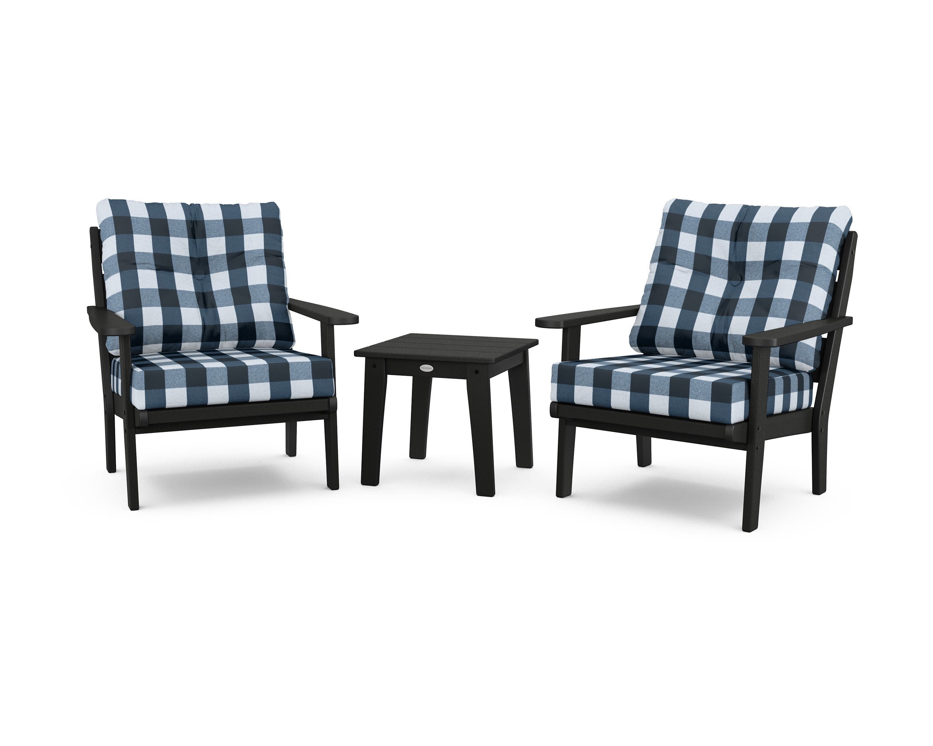 Lakeside 3-Piece Deep Seating Chair Set in Black / Buffalo Plaid Marine Indigo