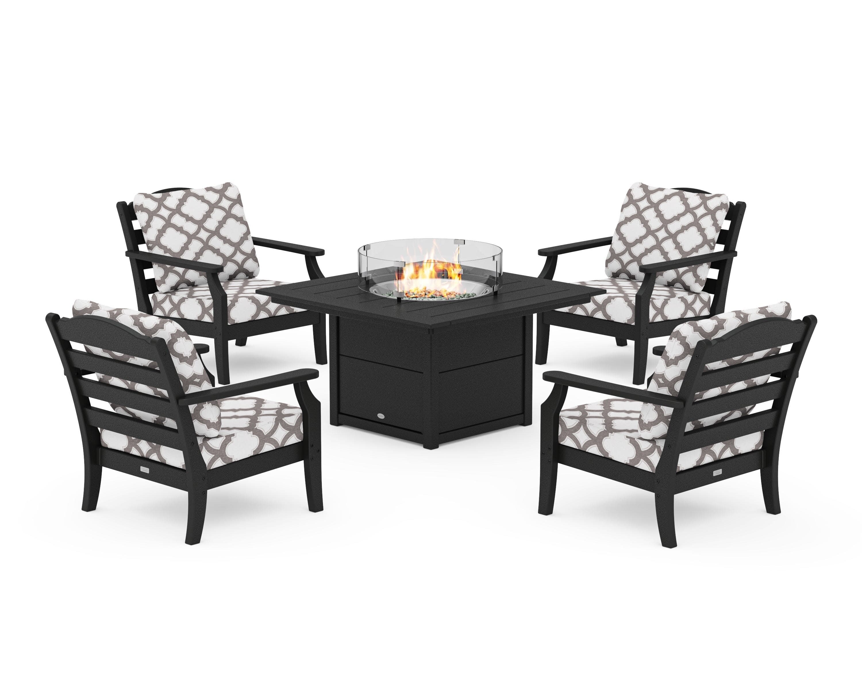 Savannah 5-Piece Deep Seating Set with Fire Pit Table in Black / Trellis Grey Mist