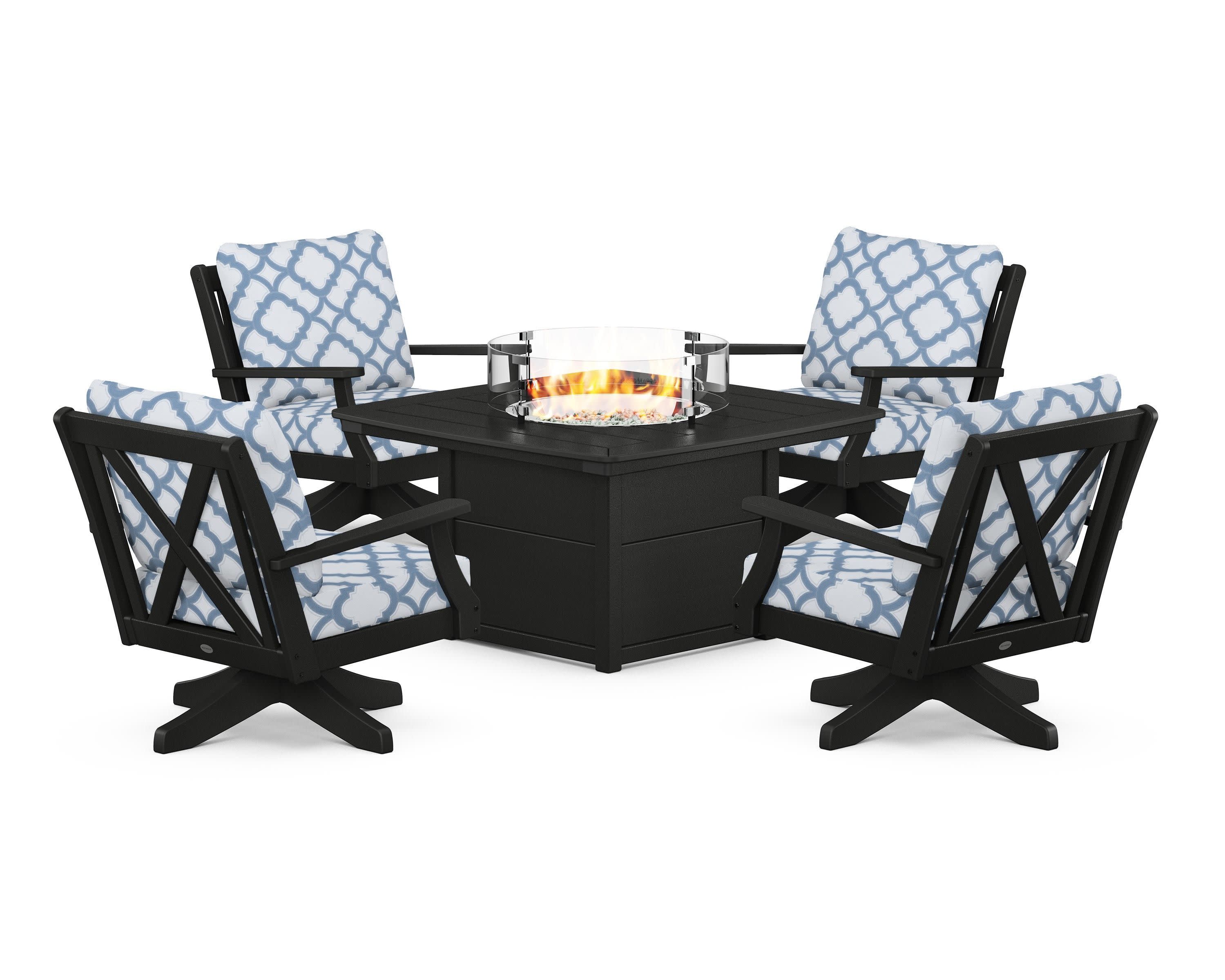 Braxton 5-Piece Deep Seating Swivel Conversation Set with Fire Pit Table in Black / Trellis Sky Blue