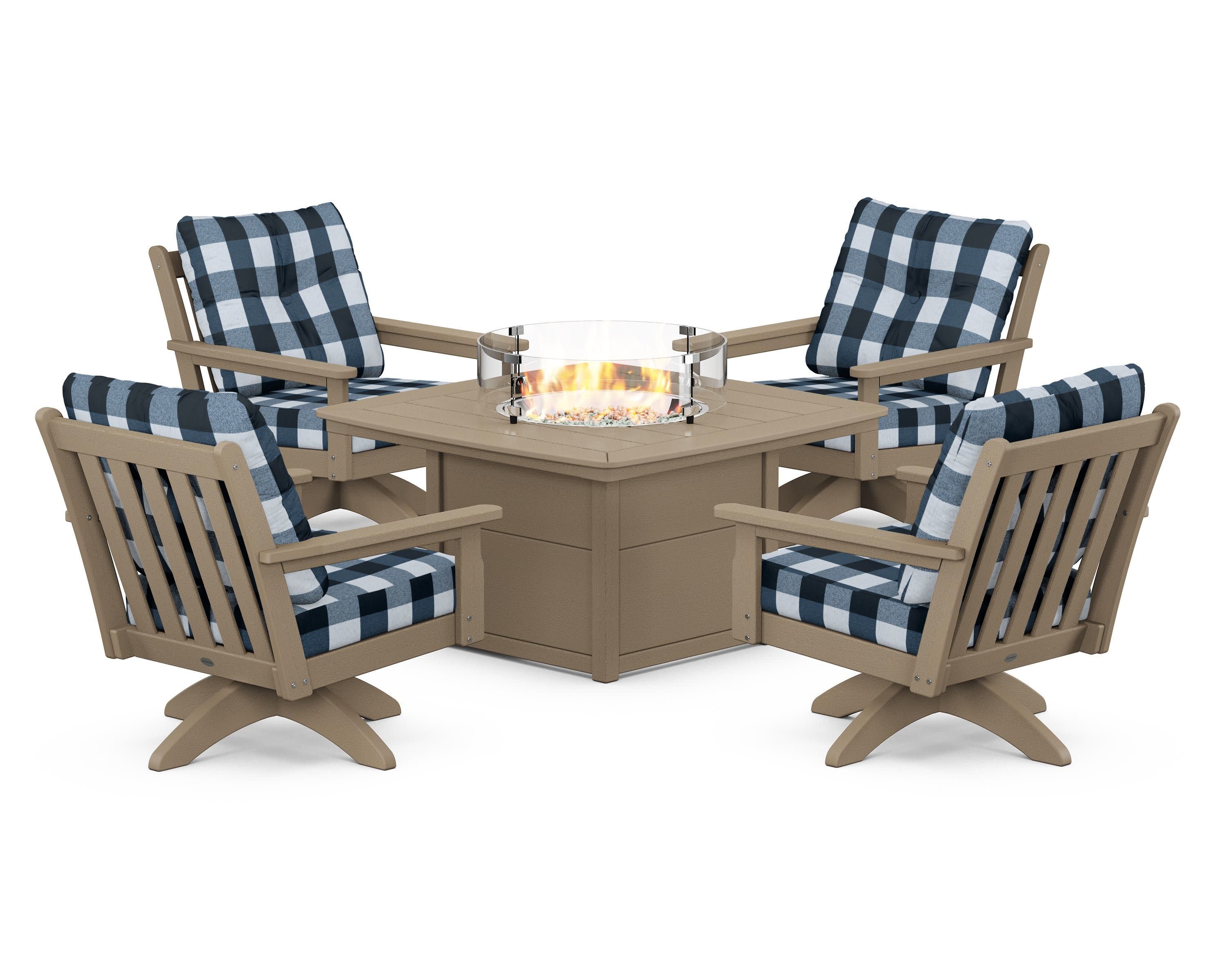 Vineyard 5-Piece Deep Seating Swivel Conversation Set with Fire Pit Table in Vintage Sahara / Buffalo Plaid Marine Indigo