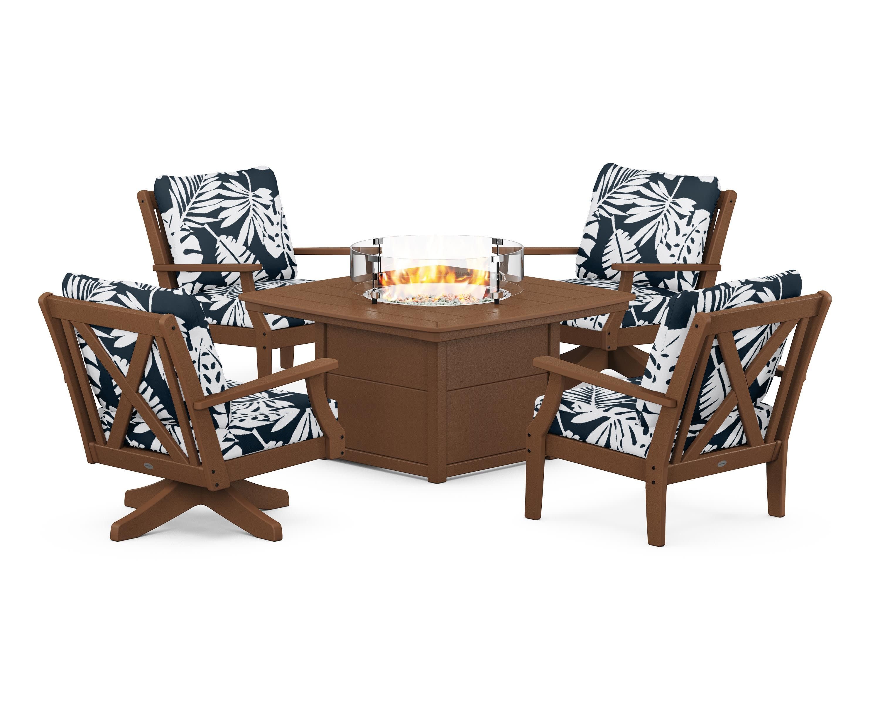 Braxton 5-Piece Deep Seating Set with Fire Table in Teak / Leaf Marine Indigo