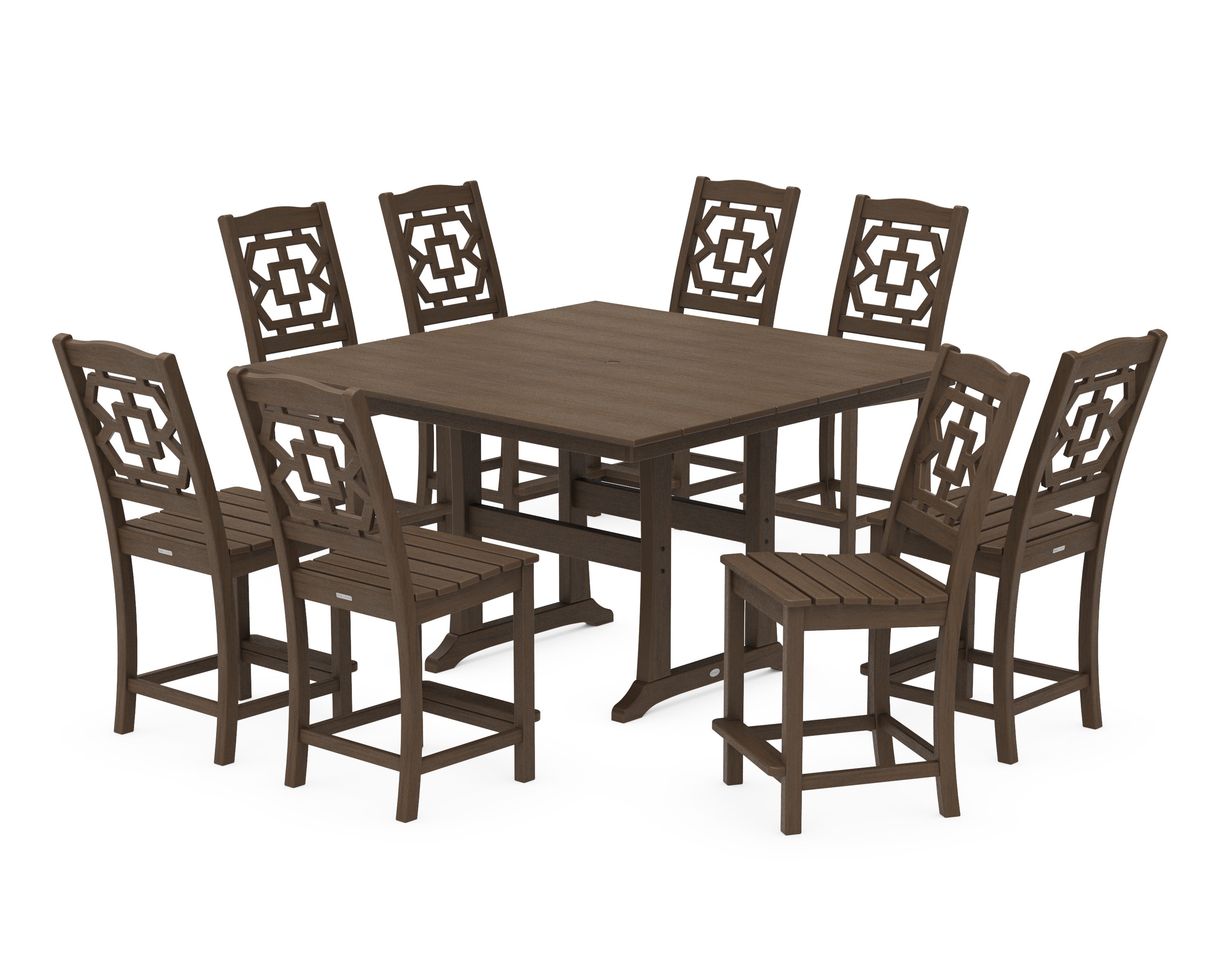Chinoiserie 9-Piece Square Farmhouse Side Chair Counter Set with Trestle Legs in Kona