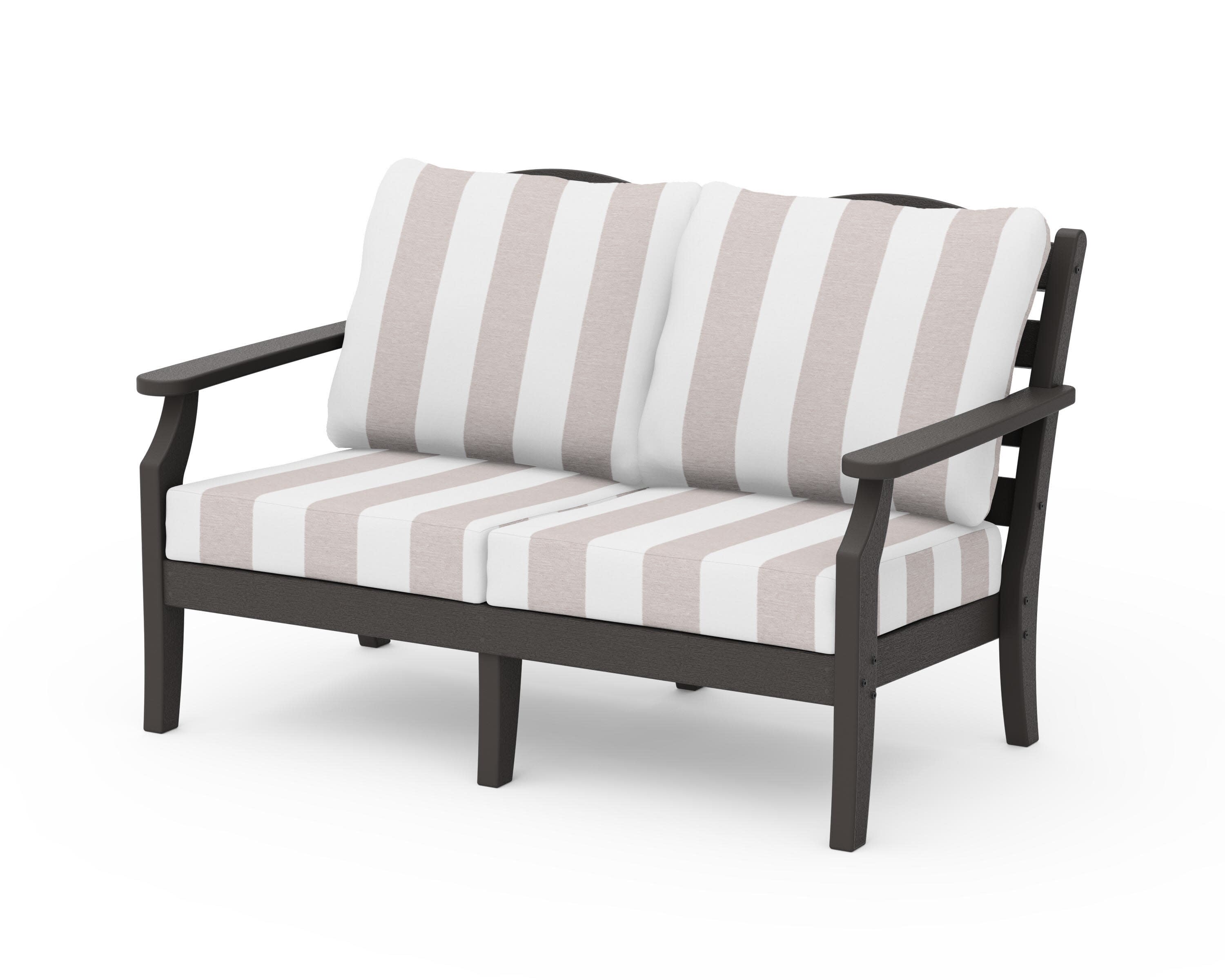 Savannah Deep Seating Loveseat in Vintage Coffee / Cabana Stripe Dune Burlap